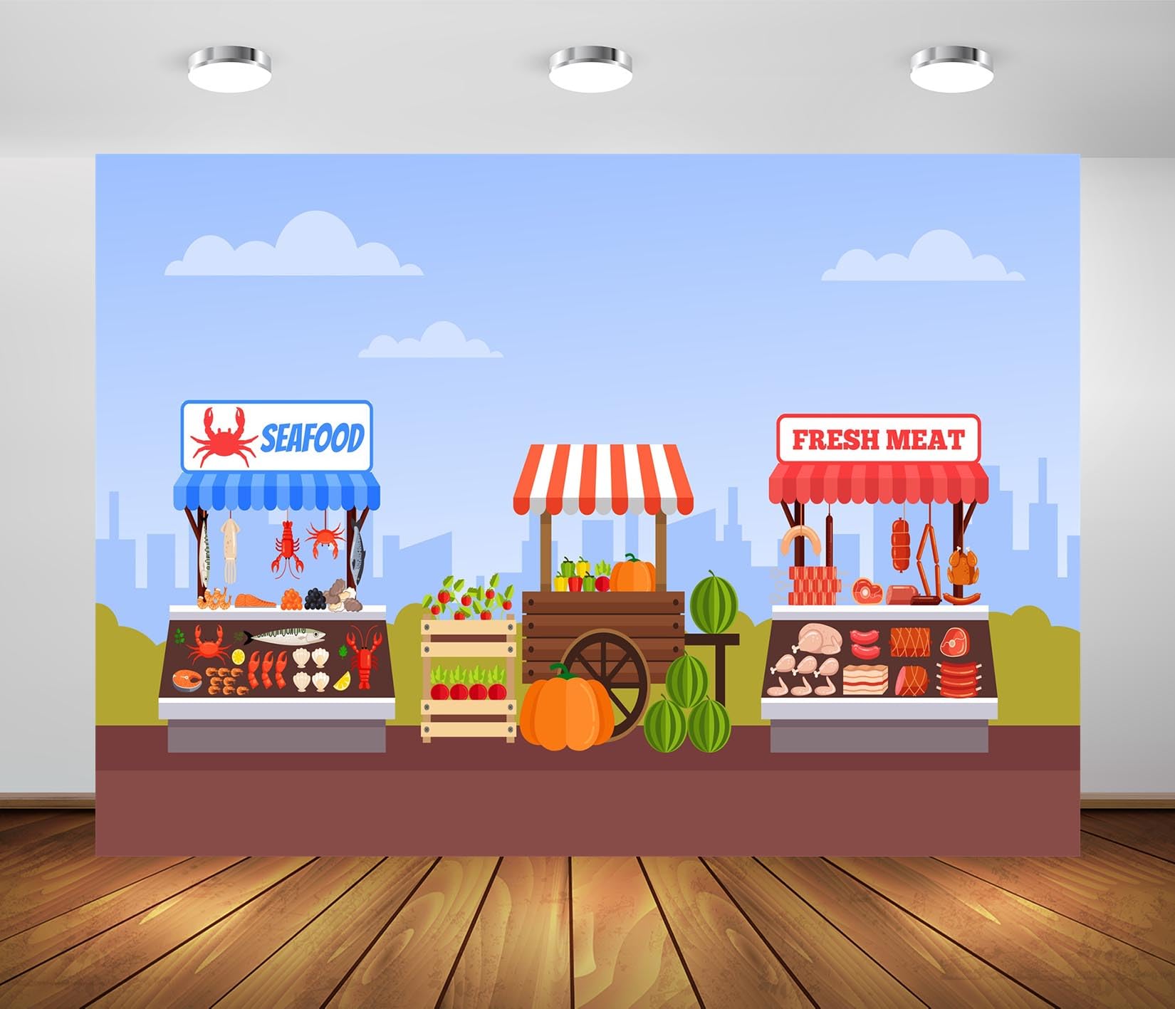 BELECO 3.6x2.5m Sfondo Tessuto Mercato-Cibo-Strada | Mercato contadino, frutta, verdura, banchi carne pesce sfondo, decorazione festa mercato agricolo telo di sfondo