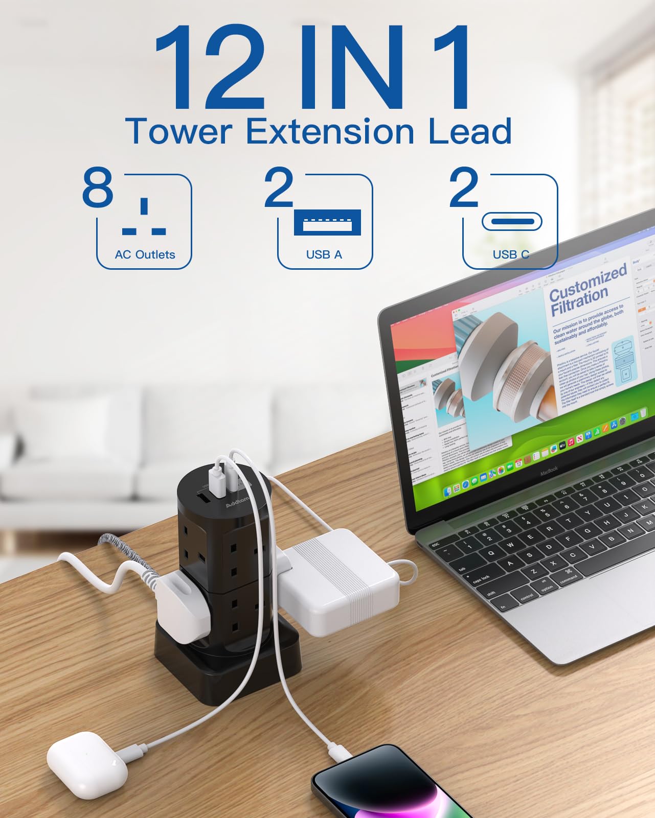 Tower Extension Lead with USB Slots, (13A 3250W), 8 Way Multi Plug Extension Tower & 4 USB Ports (2 Type C), 1.8M Extension Cable, Extension Lead tower for Home Office School Supplies (Black) — view 2