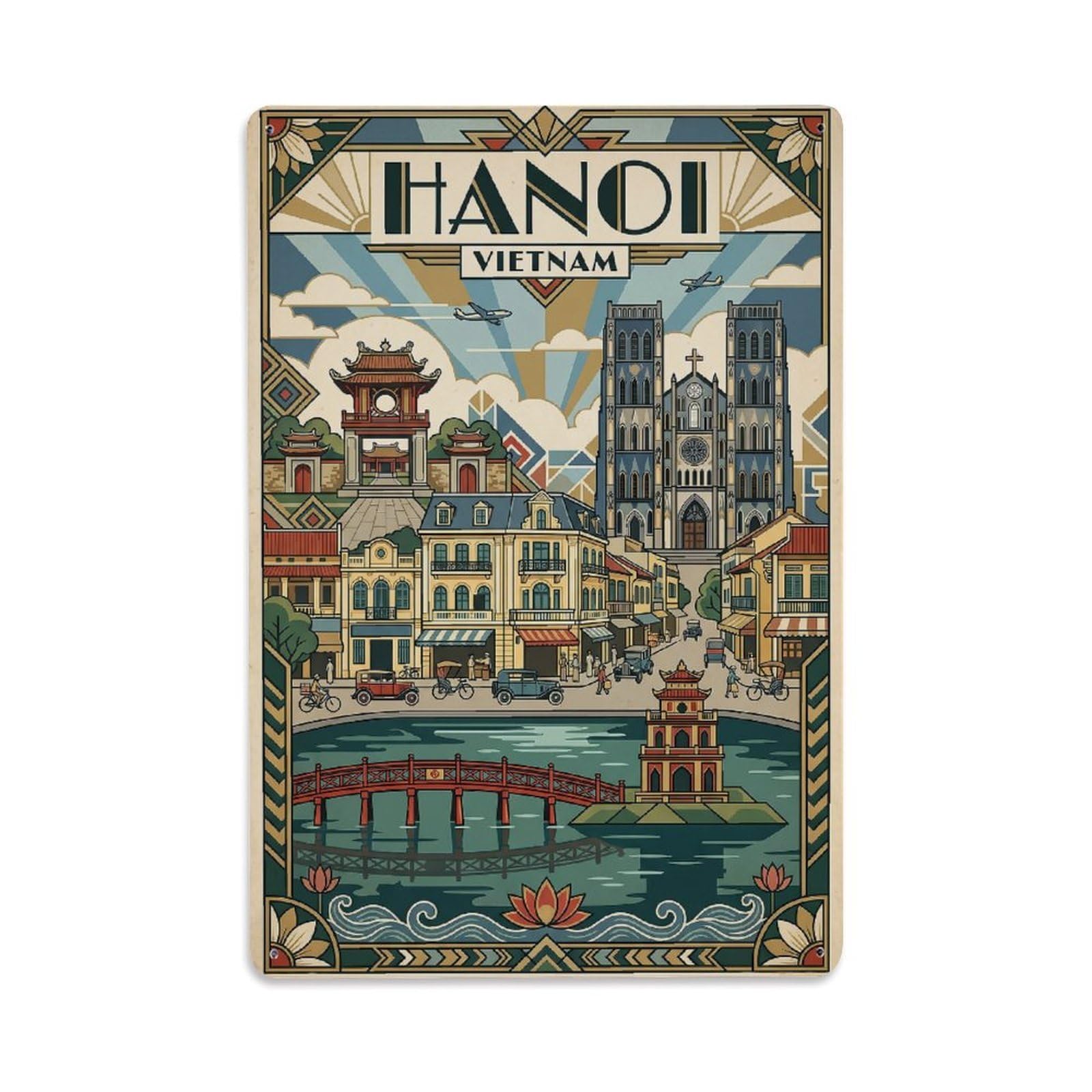 Vintage Travel Vietnam Hanoi Metal Tin Sign Plaque Wall Decor for Cafe, Club Bar, Office, Garden Metal Poster 8x12Inch