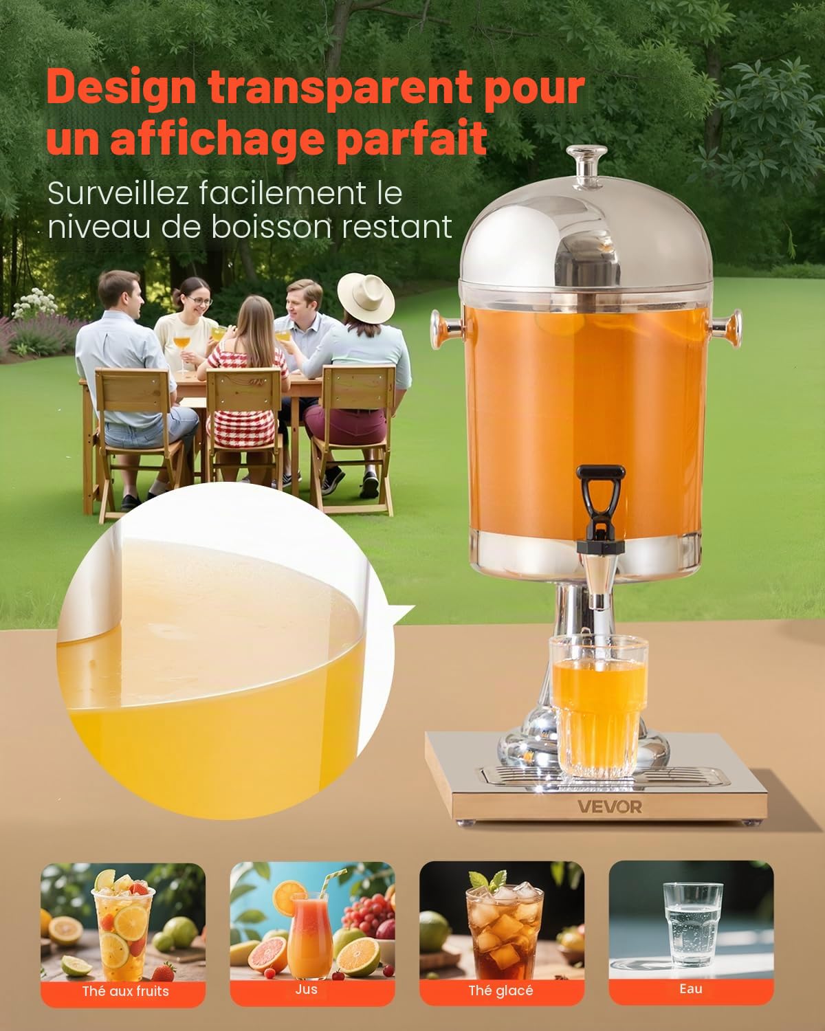 VEVOR Distributeur de Boissons Capacité 8 L, Fontaine à Eau en Acier Inoxydable et Plastique, avec Robinet, Compartiment à Glace et Plateau, Distribution de Jus Limonade Thé Glacé, Restaurant Café