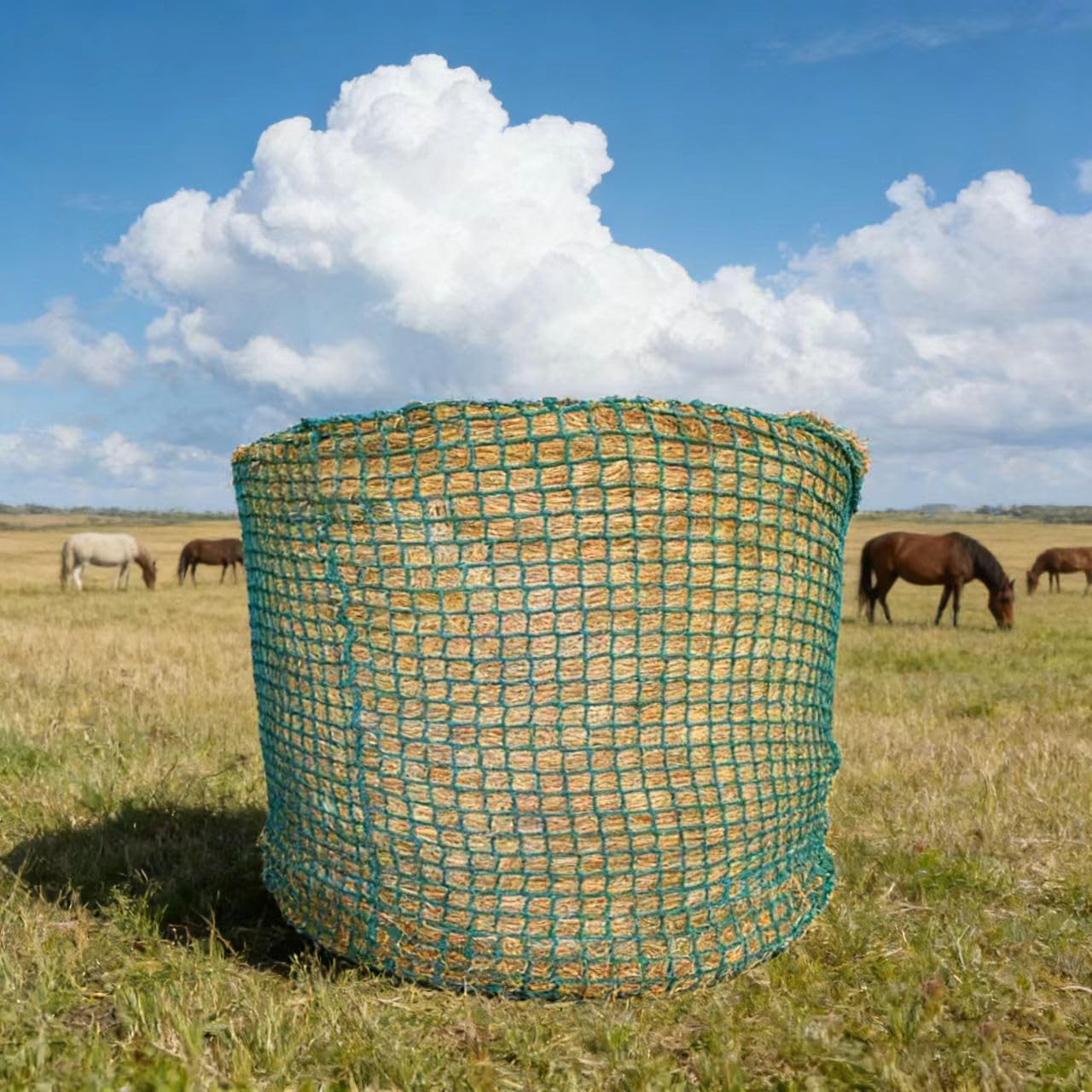 Round Bale Hay Net for Horses, 5x5 FT Heavy Duty Slow Feed Net with 1.5" Knotless Design & 1200 lbs Capacity, Weatherproof Hay Saver for Cattle Goats Sheep, Saves 60% Hay Waste (Green)​