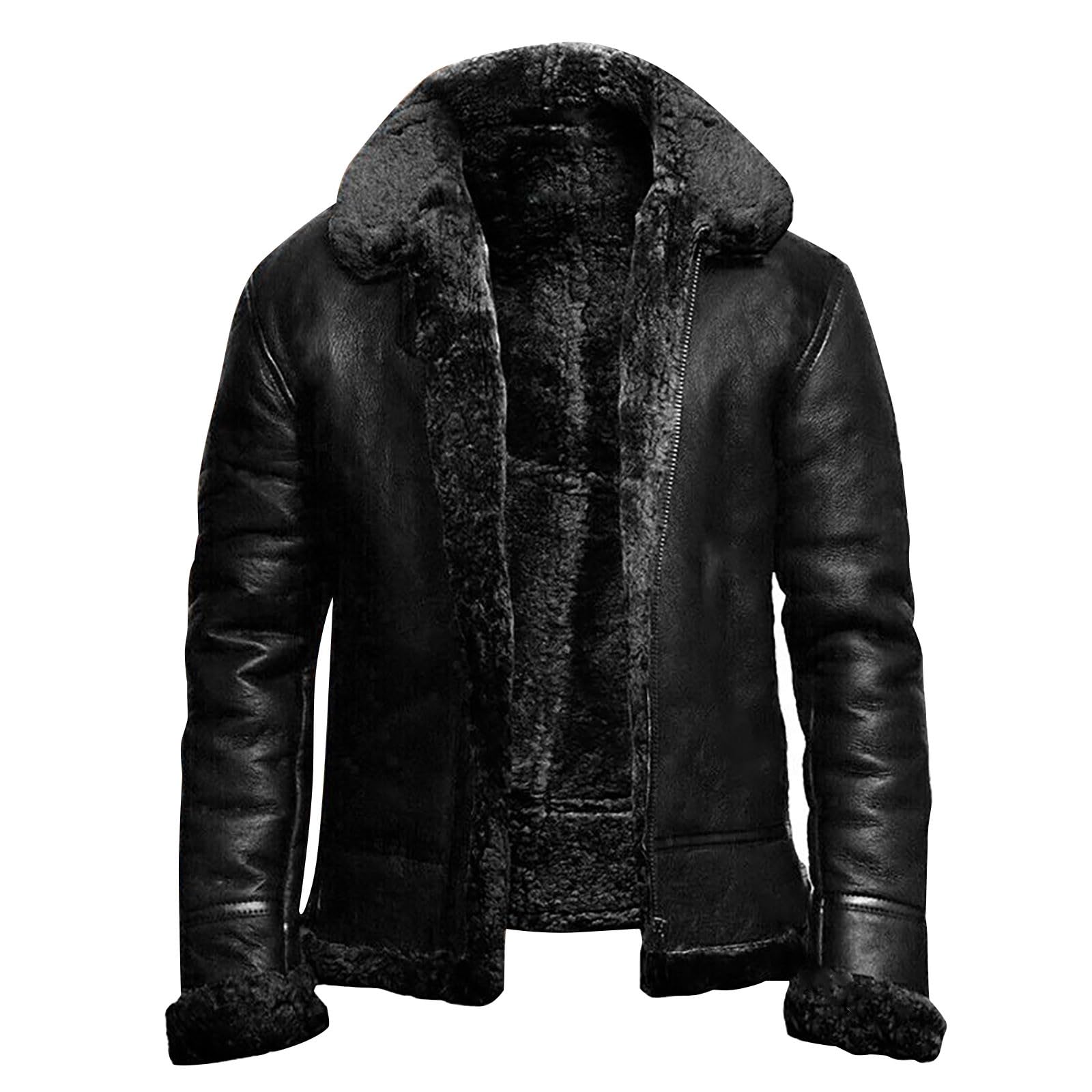 Blouson aviateur vintage noir en similicuir style peau de mouton Veste aviateur épais thermique Col en fourrure Veste de moto lourde en cuir PU Veste d'hiver