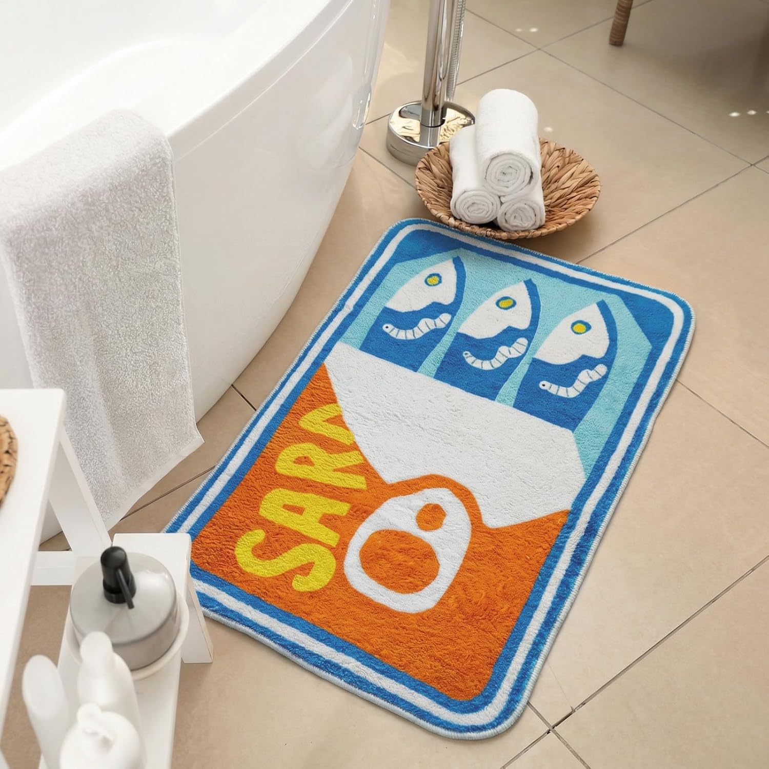 Tinideya Sardine Can Bath Mat, Tufted Rugs for Bathroom Bedroom Soft Washable Rug Non-Slip Cute Kitchen Bath Mats with Funny Cartoon Fish (Blue and Yellow)