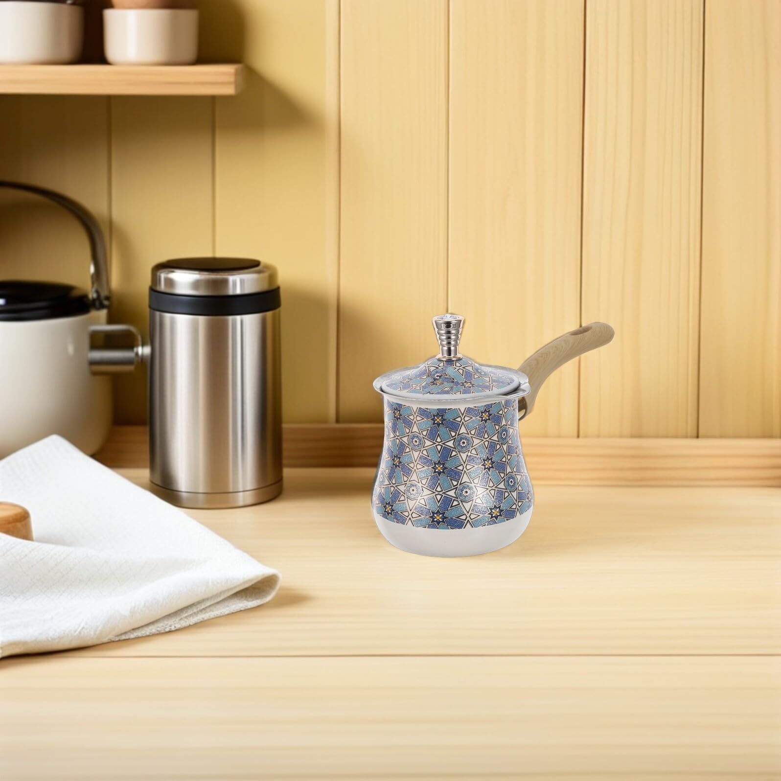 VICASKY Caffettiera Turca in Acciaio Inox 720 Ml, Macchina per Caffè Turco e Scaldalatte da Fornello, con Manico in Legno, Compatibile Induzione, per Uso Domestico e Preparazione Caffè