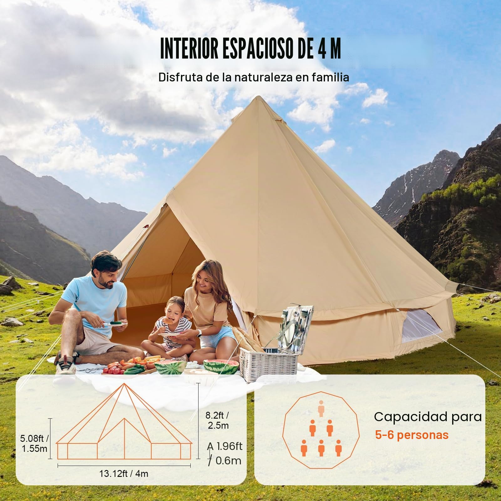 VEVOR Tienda de campaña de lona para 4 estaciones, tienda de campaña de lona para acampar con gato de estufa, tienda de campaña transpirable que sostiene a las personas, camping familiar al aire libre