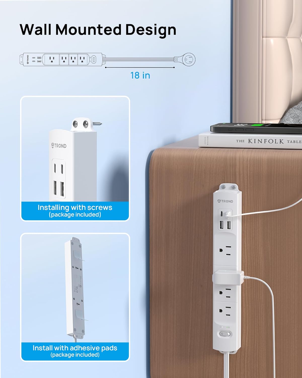 TROND Power Strip with 360° Rotating Plug, 1.5FT Extension Cord, 1440J Surge Protector, Multi Plug Wall Outlet Extender with 4 USB (2 USB C), Mountable for Home Office, Dorm Room Essentials, White