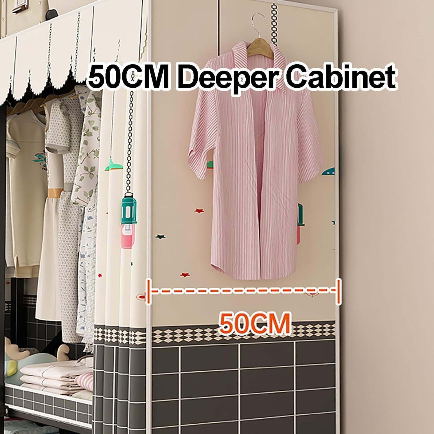 Portable Foldable Wardrobe Closet with Cover, Metal Clothes Rack for Hanging Garments, Stylish Curtain Organizer for Bedroom, 130cm/51.2inch Space-Saver Grey 110cm/43.3inch
