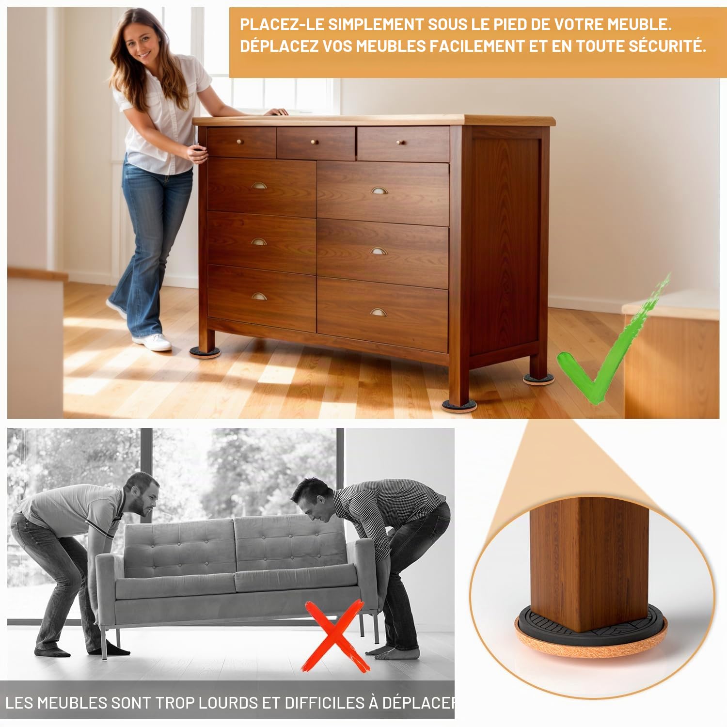 PISAO Patin Glisseur pour Meuble Lourd,Marron Rond 16 Pièces - 9cm | Furniture Sliders, Meuble Patin Protégez Le Plancher de Bois Franc,Déplacez Les Meubles Lourds Rapidement et Facilement