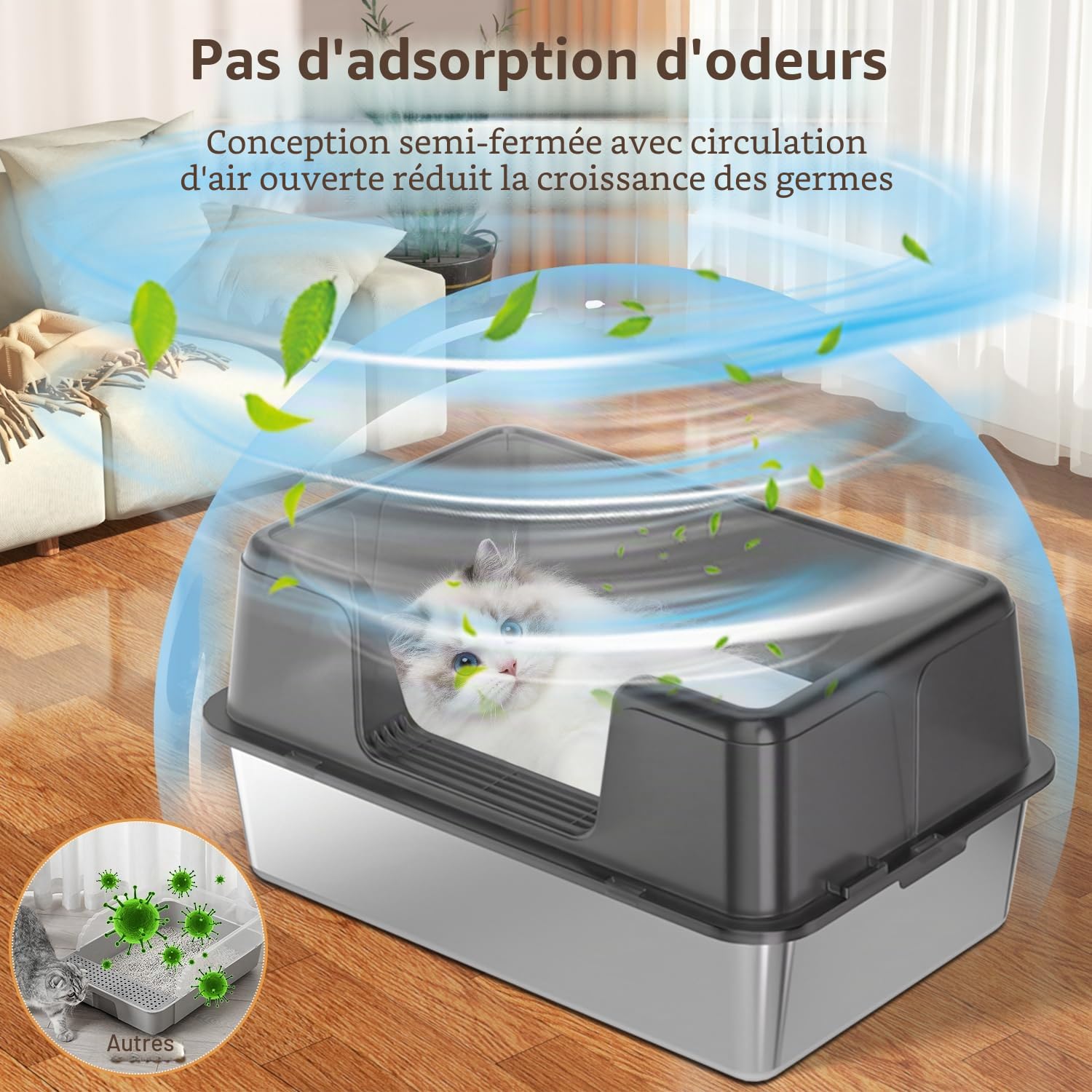 Litière pour chat en acier inoxydable - 60 x 40 x 30 cm - Avec tapis de litière et pelle à litière - Ne colle pas aux résidus et ne tire pas les odeurs