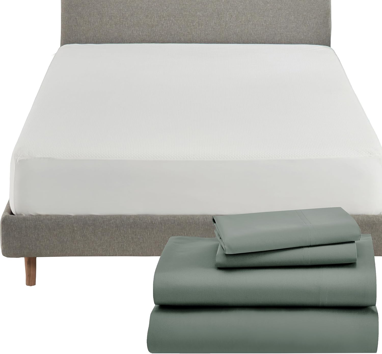 5 Piece Full Size Sheet Set (Sage Green - Cool Tone) and Waterproof Mattress Protector (White) Bundle - 600 Thread Count 100% Cotton Sateen, 4 Piece Sheet Set with 1 Mattress Protector