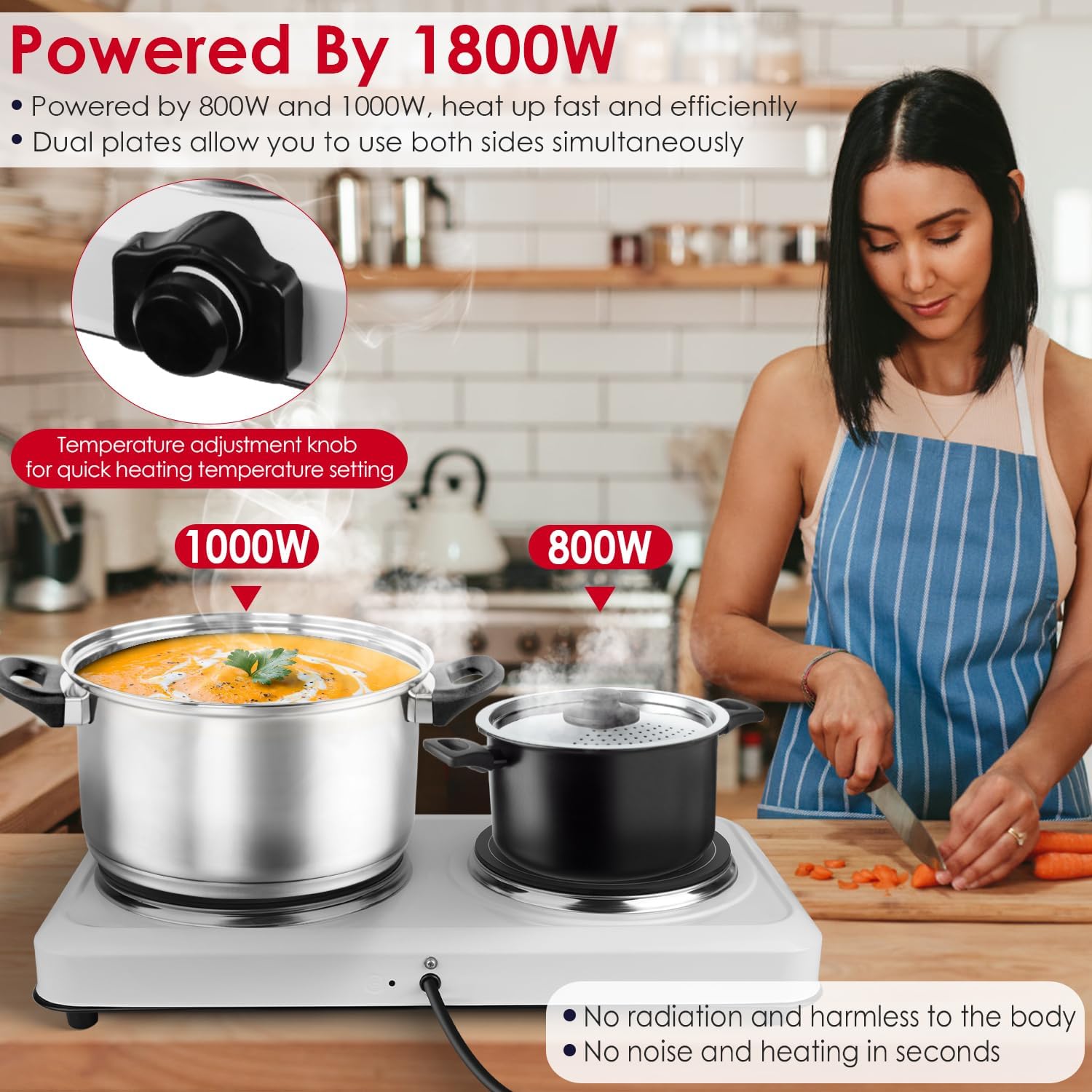 1800W Dual Electric Stove Infrared Dual Burner Portable Hot Plates Glass Double Cooktop Countertop Counter Stove Stepless Temperature for Kitchen RV Camp (White)