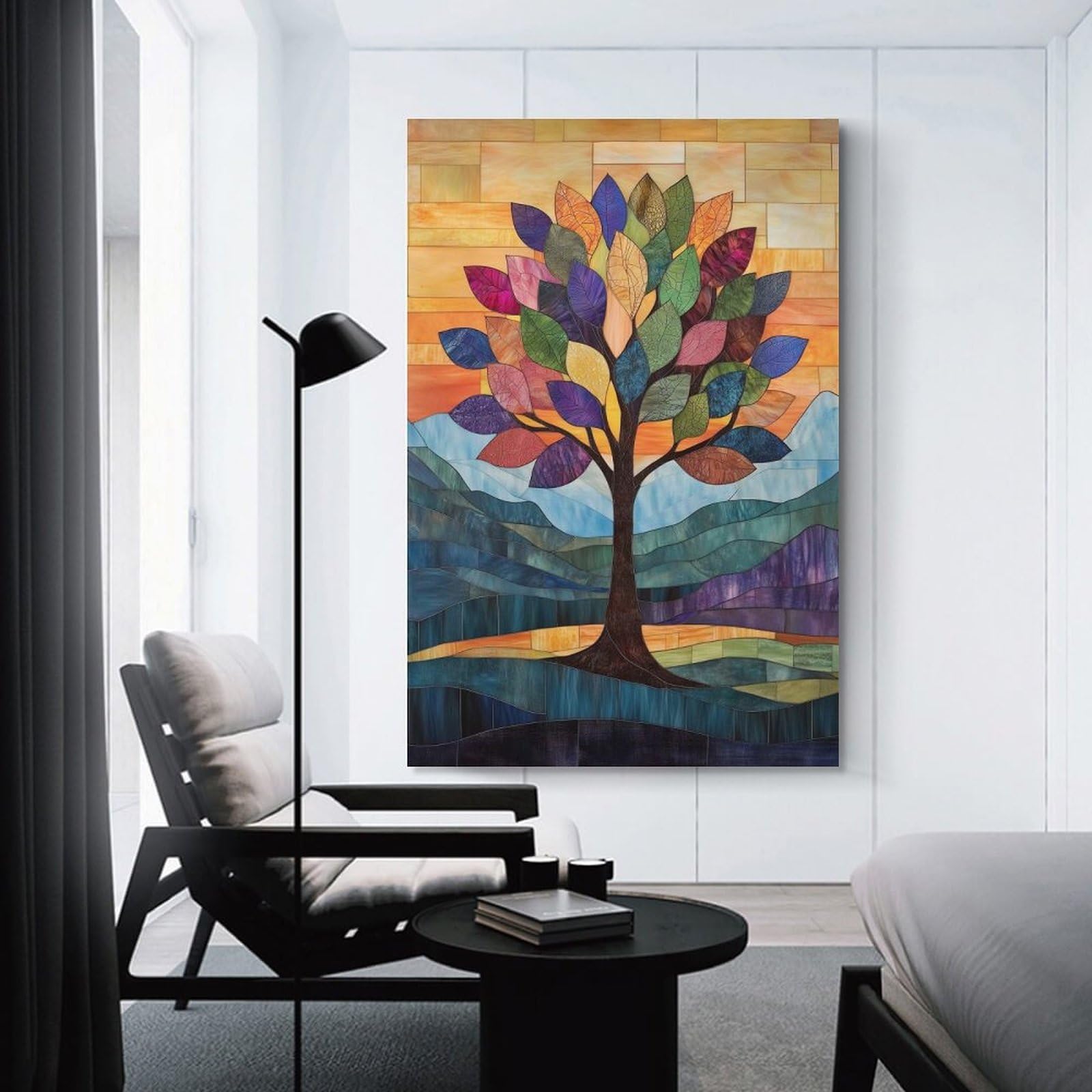 Junmoney Stained Glass Tree Landscape Canvas Wall Art, 20x30inch(50x75cm), for Bedroom Decor, Cosy Corners Or Studios, Stylish Decor for A Restful Room Update