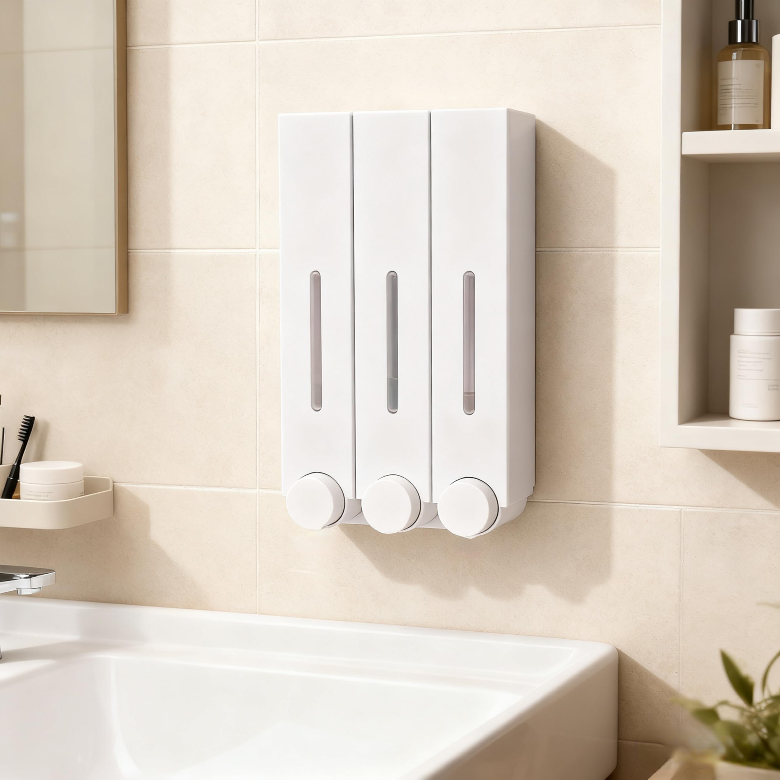 Dispenser di Sapone e Doccia per Montaggio a Parete a 3 camere, Dispenser di Shampoo, Dispenser di Sapone Liquido per Doccia a Parete Dispenser di Shampoo a Tre(6028 Bianco Tre Tazze)