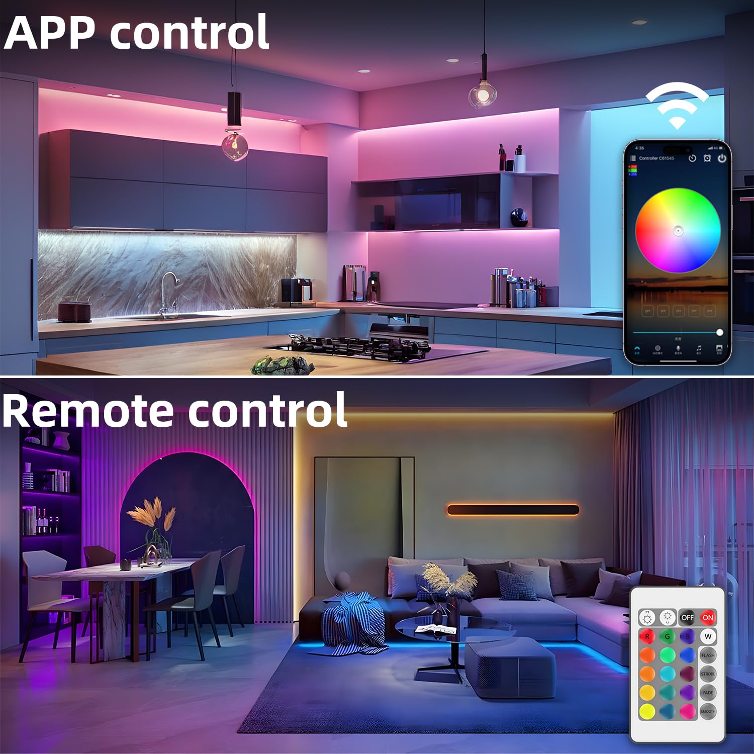 LED COB Ruban RGBW 24V 5M dimmable avec télécommande et bloc d'alimentation Bande RGB + blanc chaud 3000 K, haute densité 784 LED/m, contrôlable via application, compatible avec Alexa et Google Home