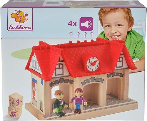 Estación de sonido de madera para juegos de trenes (4 piezas), marrón