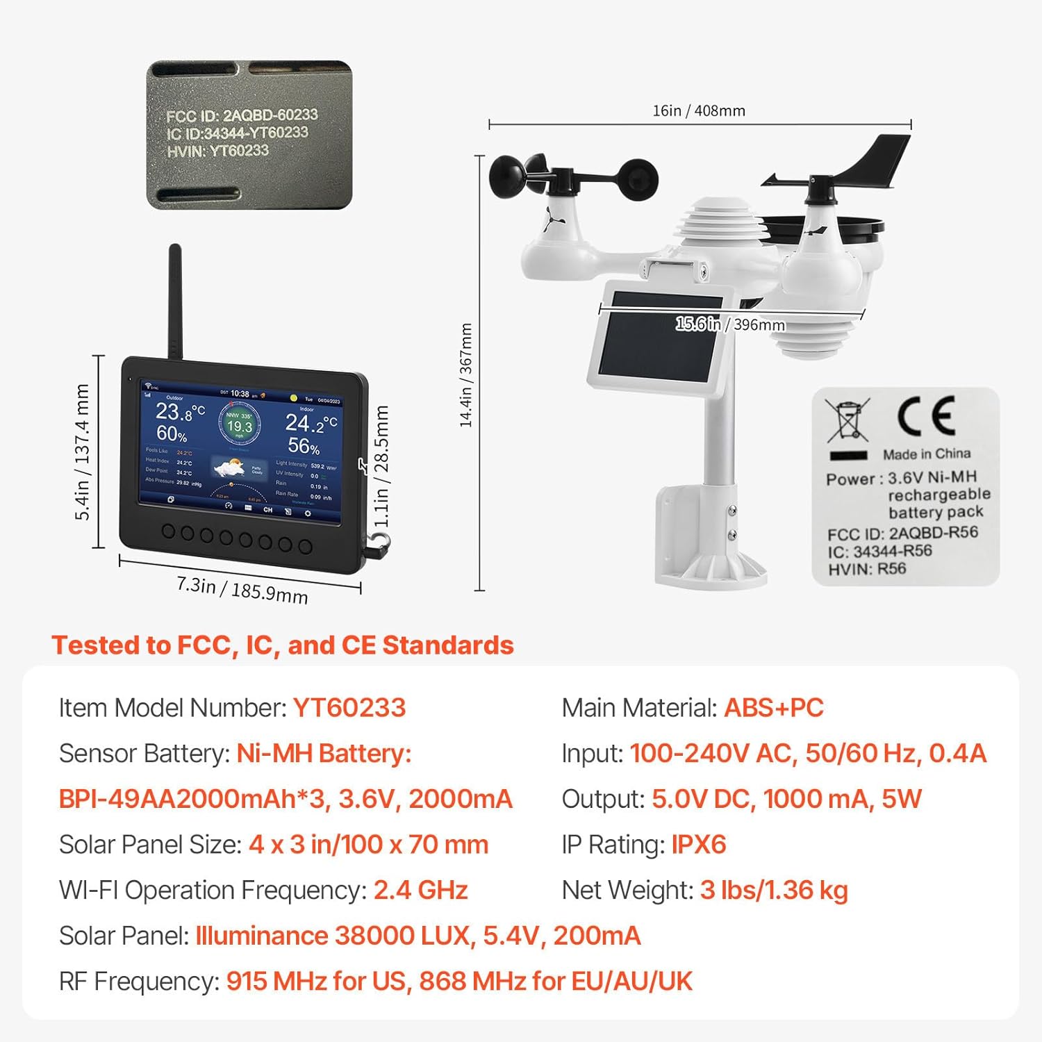 VEVOR 7-in-1 Wi-Fi Solar Self-Charging Weather Station with 7" TFT Color Display, Solar-Powered Outdoor Sensor, Indoor&Outdoor Monitoring for Temperature, Humidity, Wind Speed/Direction and Rainfall