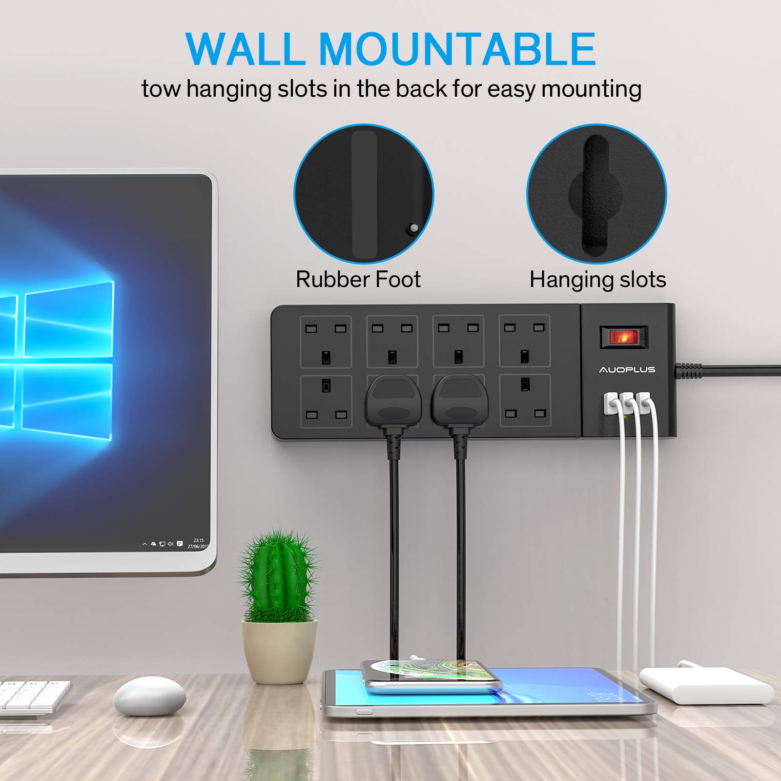 8 Way Extension Lead 2M, AUOPLUS Multi Plug Extension Lead with USB