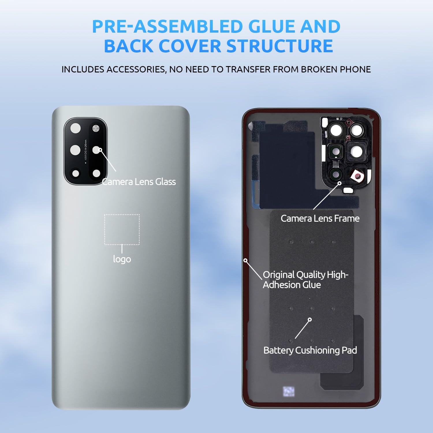 Coque Arrière OnePlus 8T/8 Bleue - Vitre Avec Logo Et Cache Objectif, Neuve, Remplacement Batterie