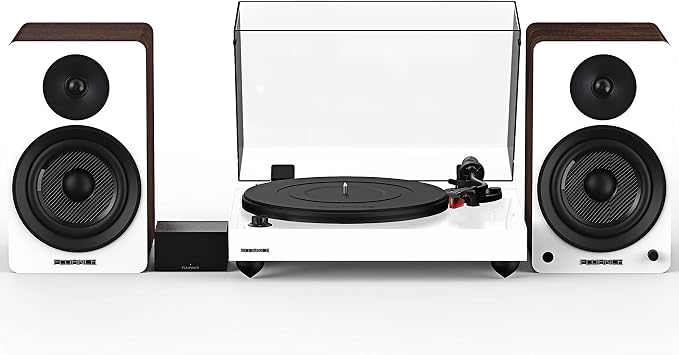 Fluance Reference RT83 High Fidelity Vinyl Turntable White, PA10 Phono Preamp, Ai61 Powered 6.5" Bookshelf Speakers White Walnut, Ortofon 2M Red Cartridge, 120W Class D Amplifier, Bluetooth