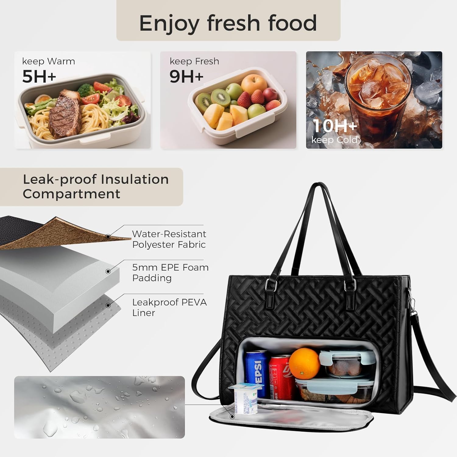 Lunch Tote for Women - 15.6" Laptop Bag, Insulated Compartment, Quilted Large Capacity w/Purse & Adjustable Strap (2-in-1) for Work, College, Black - Image 3