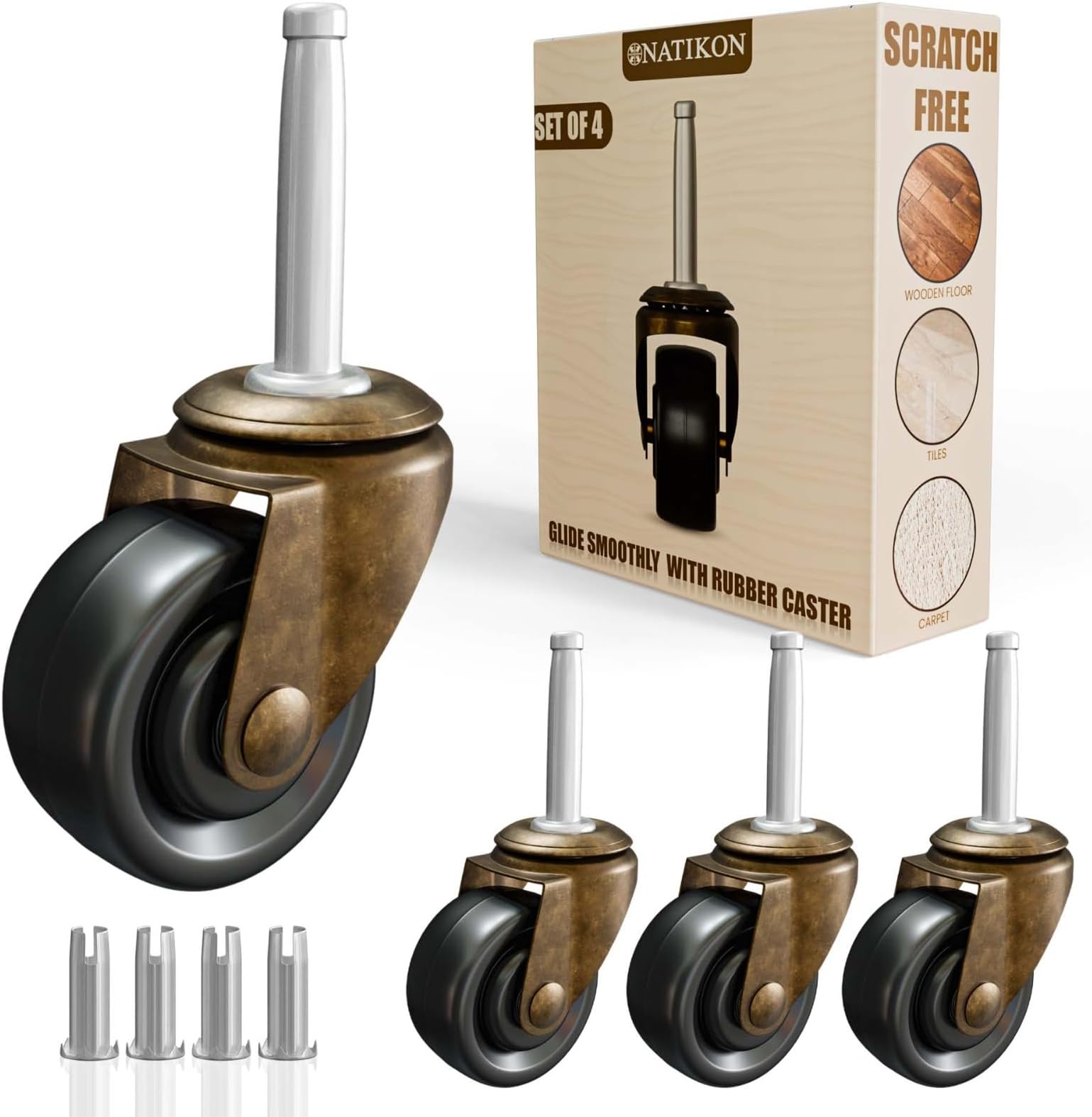 Antique Brass Casters with Rubber Wheels 1-5/8" Stem Caster Replacement for Chairs, Sofa, Dresser | Vintage Furniture Rollers for Hardwood Floor Set of 4