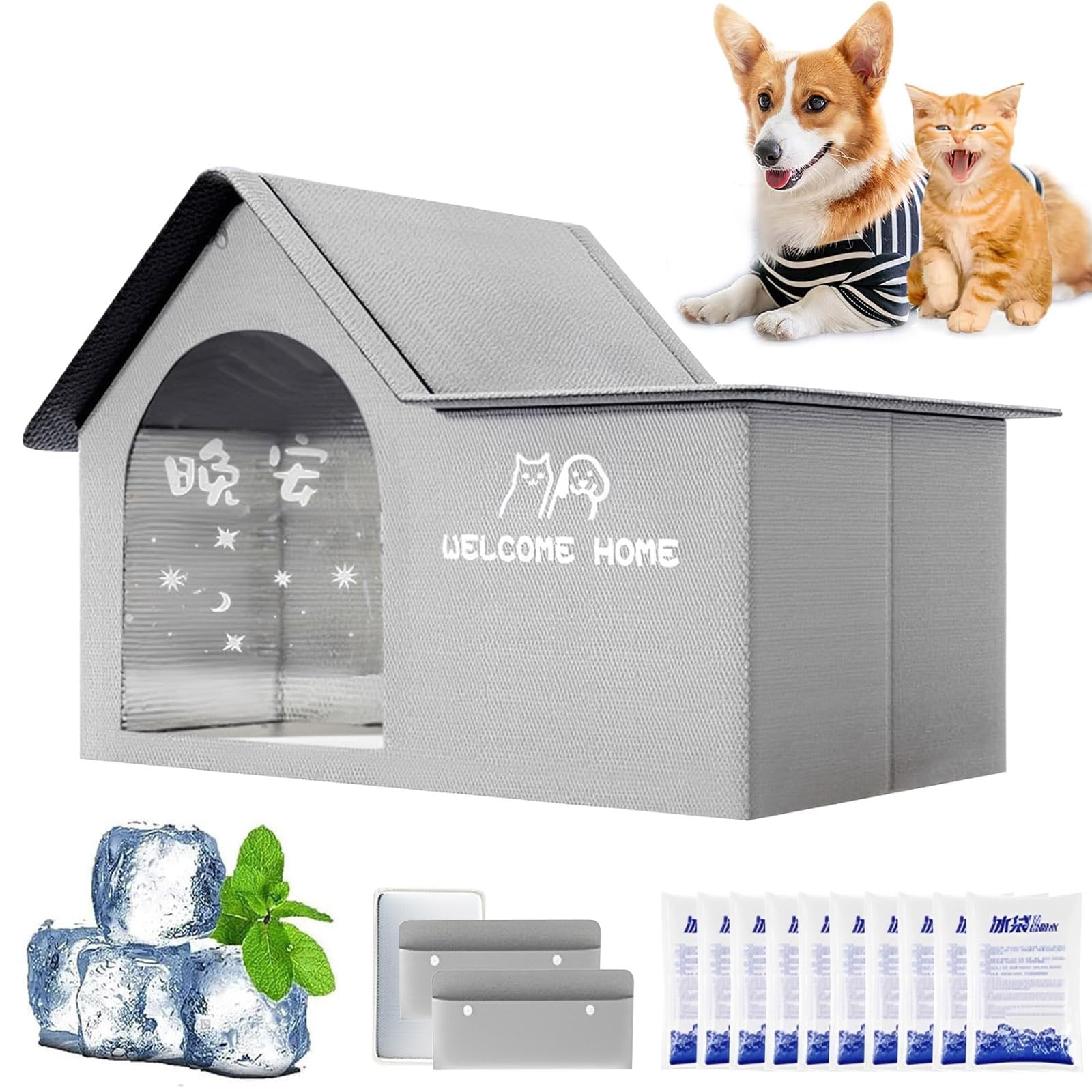 Pet Cooling House, Foldable Dog House with Ac Unit, Weatherproof Pet AC House with Removable Pad & 10 Ice Packs, Easy to Clean & Portable, for Small Medium Large Dogs (Grey, XL)