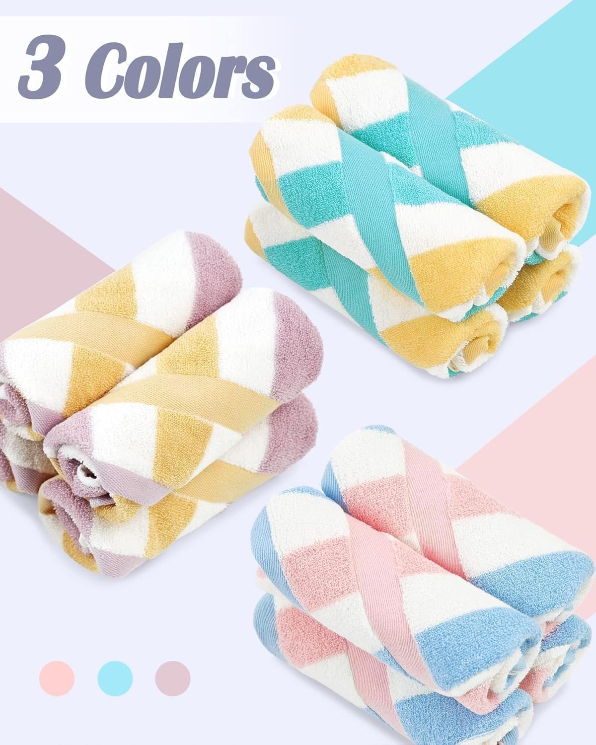 Jacquotha Cotton 12 Pack Striped Washcloths, 13 x 13 Inches, 3 Colors - Face and Body Cleansing Towels