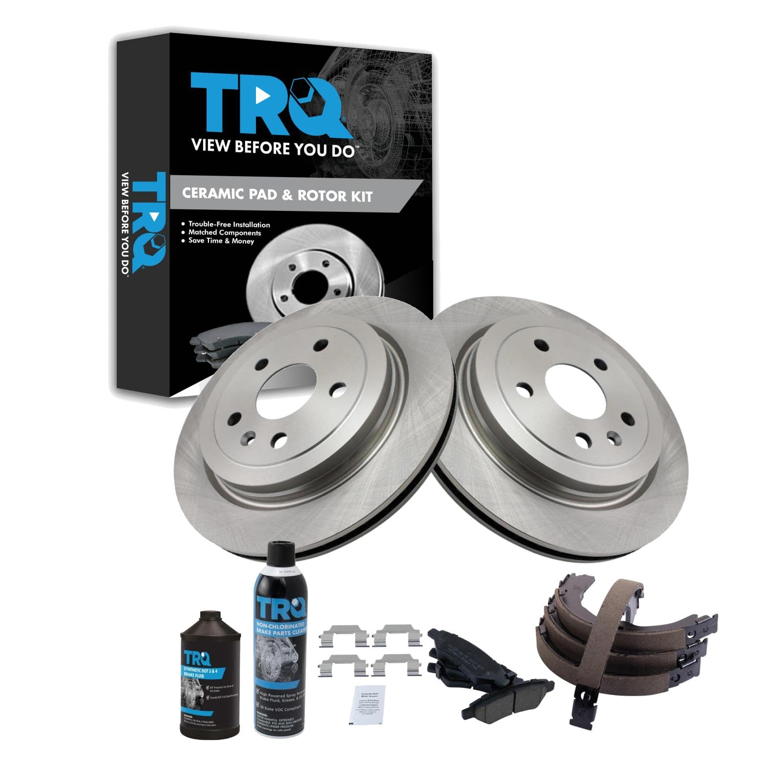 TRQ Rear Brake Pad &amp; Rotor Kit, with Chemical Kit Parking Brake Shoe Set Ceramic Compatible with 2008-2014 Cadillac CTS