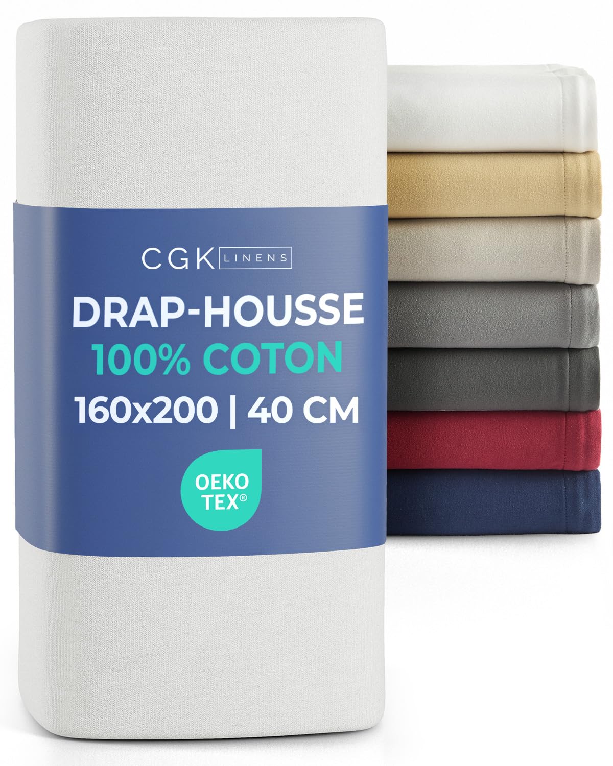 Drap-housse jersey coton 160x200 blanc avec grand bonnet de 40 cm pour matelas épais