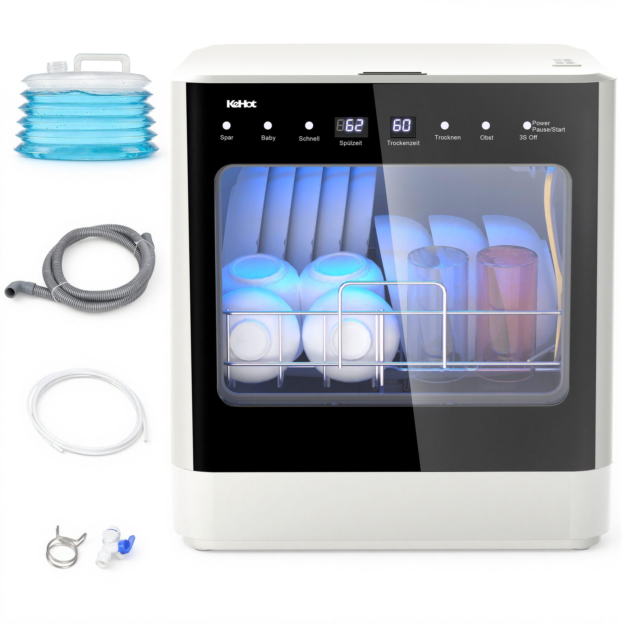 Tischgeschirrspüler, Tragbarer Geschirrspüler mit Wasseranschluss, 4 Programme, Spült bis zu 6-8 Teller, Heißluft-Trocknung & Antibakterialspeicher, LED Touch, Kompakt für Wohnung, Wohnmobil & Camping