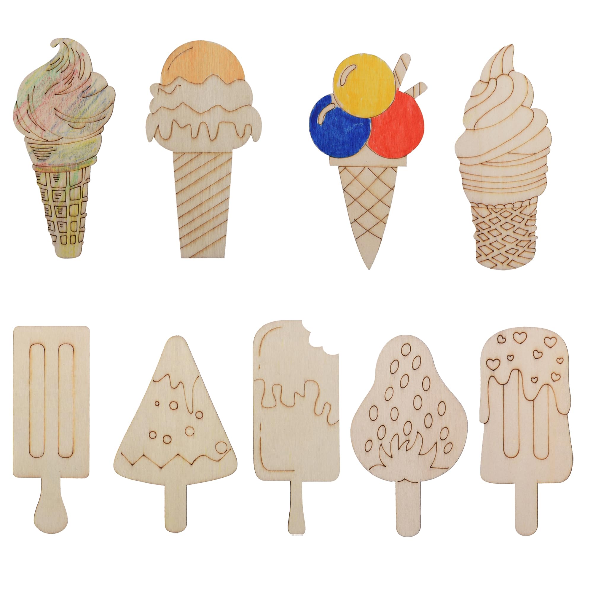 54 piezas de recortes de madera en blanco sin terminar para niños, apto para pintura infantil, decoración de habitación, regalo sorpresa (54Ice Crean)