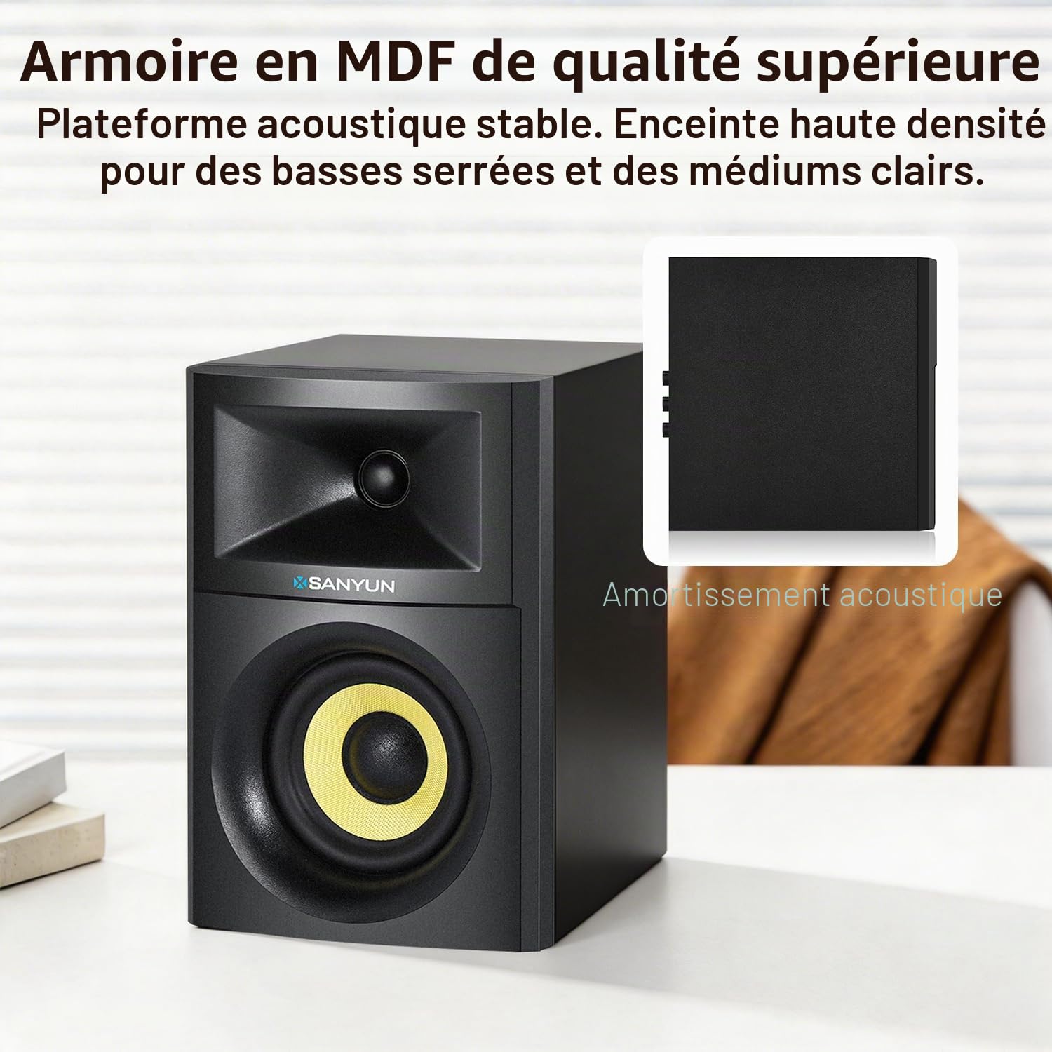 Sanyun SW205 Enceintes Bibliothèque 2.0 4”, Scène Sonore Élargie, Dual-DSP | DAC 24 bits Intégré, Bluetooth 5.4/Optique/AUX, Woofer Fibre de Verre 80W 10cm, Tweeter Soie, Télécommande RF (Paire, Noir)