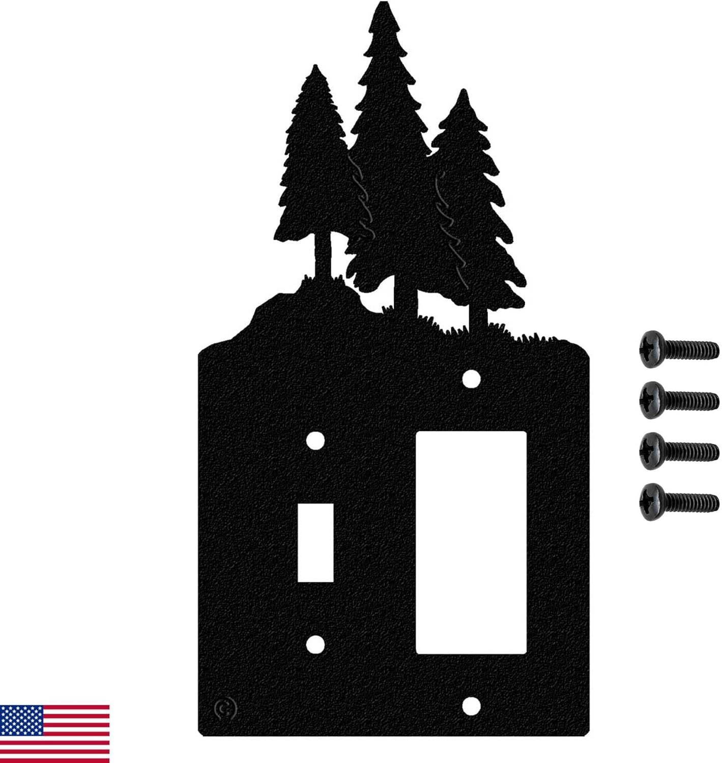 American Steel 3 Pine Trees Rustic Cabin Light Switch Cover Power Outlet Wall Plate, Quadruple Toggle, Black, MADE IN USA