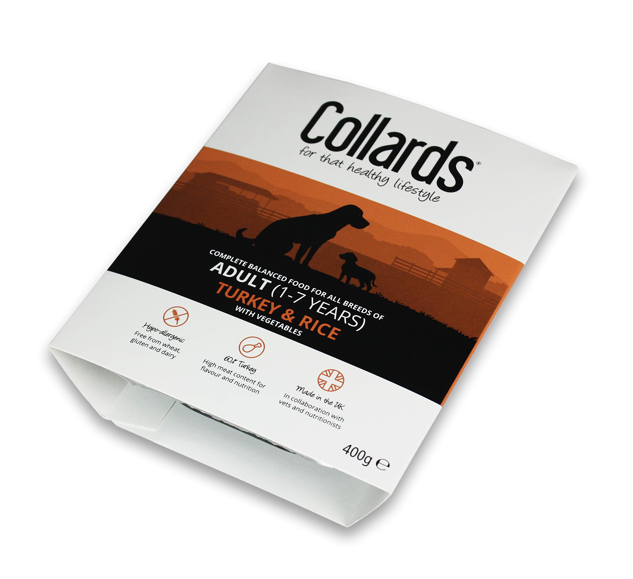 Collards Adult Hypoallergenic Wet Dog Food Trays Complete Balanced Food for Dogs Pouches with Turkey, Rice & Veg - 7 x 395g