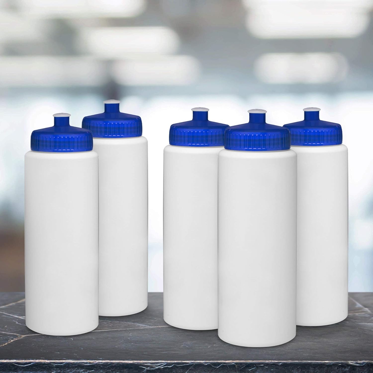 DISCOUNT PROMOS HDPE Plastic Leak-Free Bottles 32 oz. Set of 10, Bulk Pack - BPA Free, Great for Gym, Camping, Backpacking, School - Trans Blue