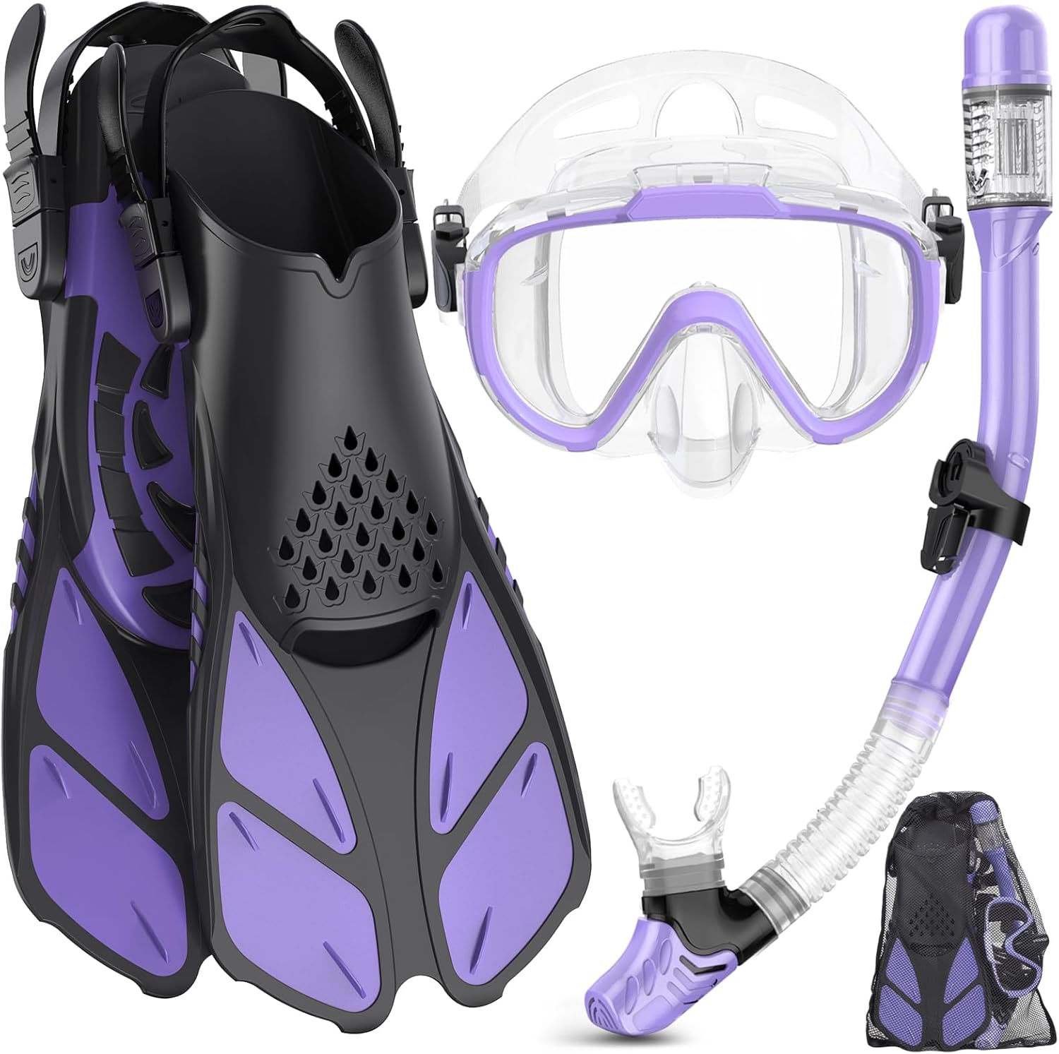 Ubekezele Snorkeling Gear for Adults Men Women,4 in 1 Snorkel Set with Panoramic View Diving Mask Anti-Fog Anti-Leak,Dry Top Snorkel,Fins and Travel Bag for Swimming,Snorkeling and Travel Diving