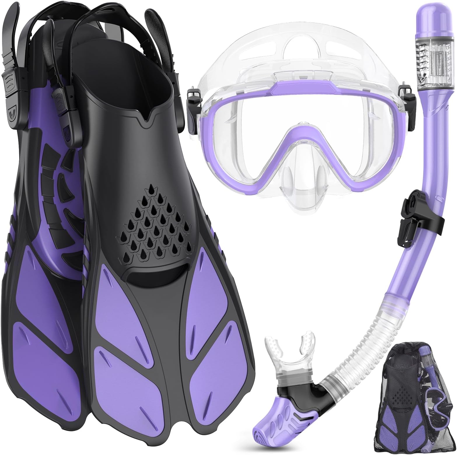 Snorkel Set Adult with Flippers, Anti-Fog Diving Set, Dry Snorkel, Adjustable Flippers, Snorkelling Packages for Men and Women