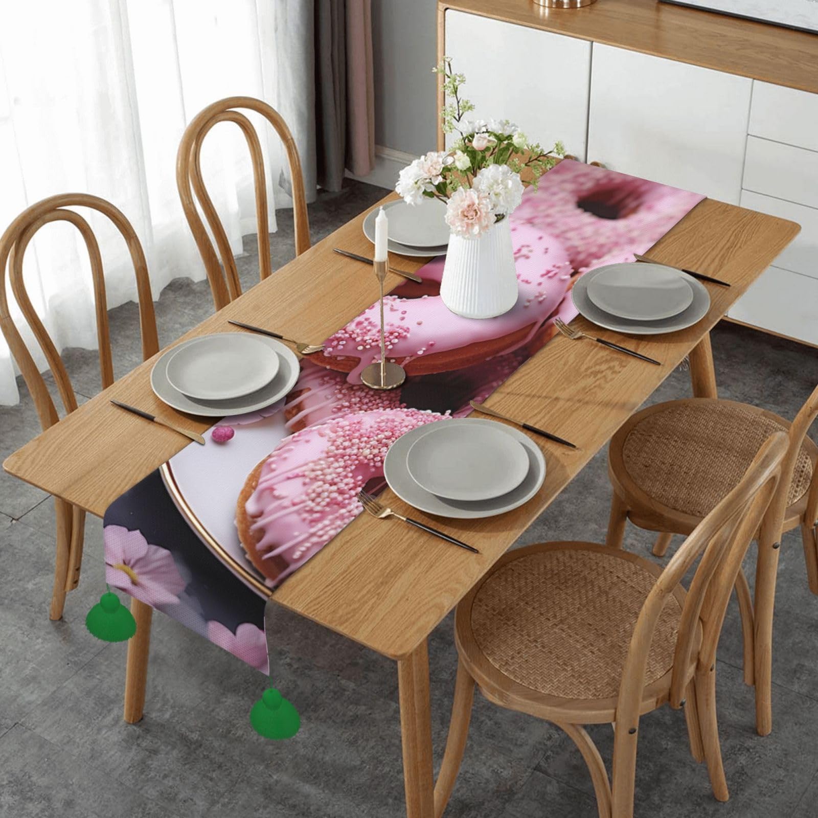 Chemin de table rustique pampilles beignets roses pour la maison