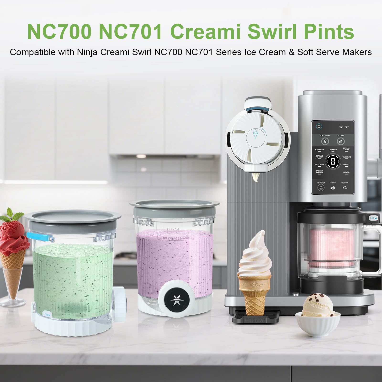 4 Stück Pint Behälter für Ninja CREAMi Scoop & Swirl Eismaschine | Swirl Pints und Deckel kompatibel mit Ninja NC700 NC701EU NC701EUSTGD Serie, BPA-frei & Spülmaschinenfest (farbige Deckel)