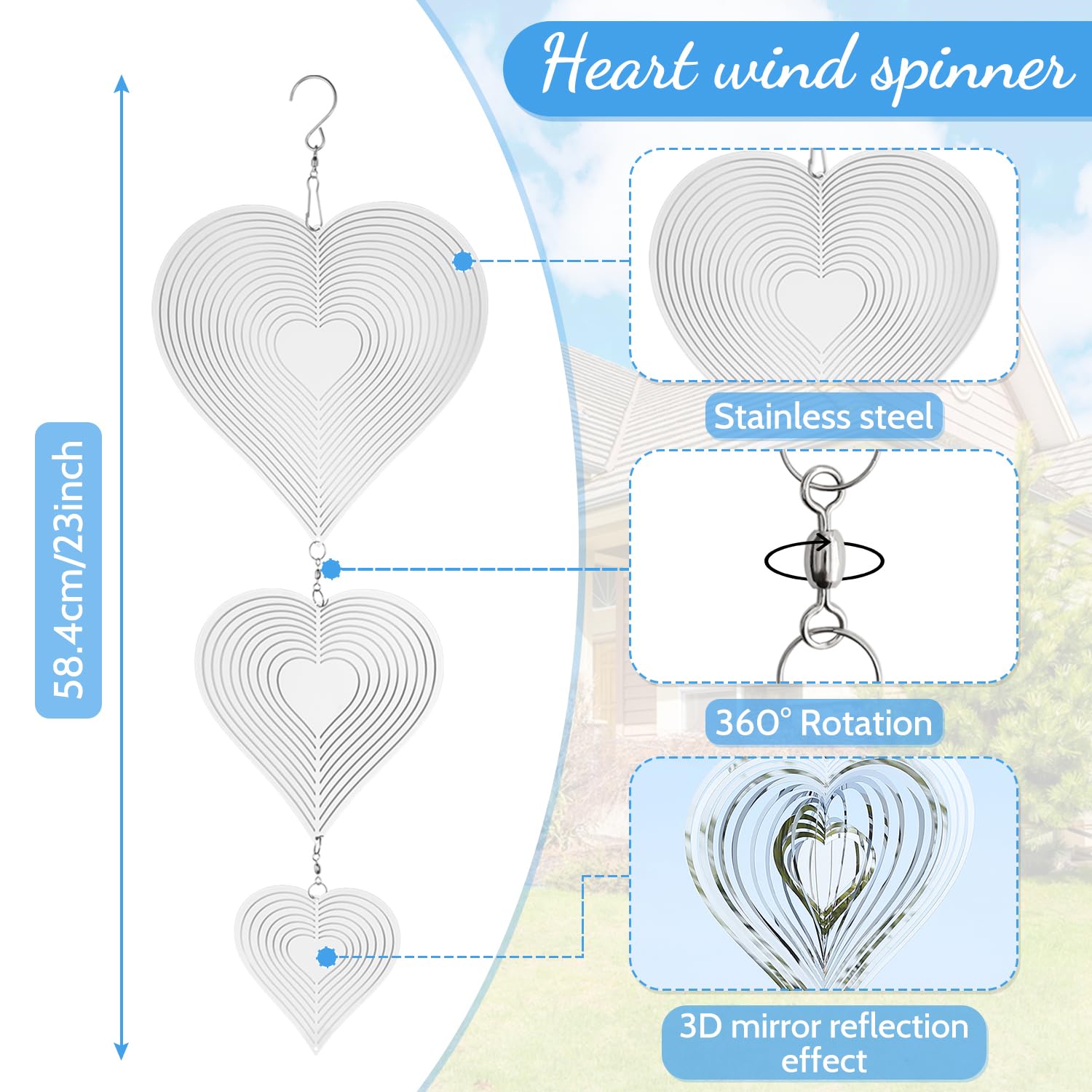 THQZLH 3 Silver Heart Wind Spinners - Hanging Wind Spinners Outdoor for Garden, Yard Decor