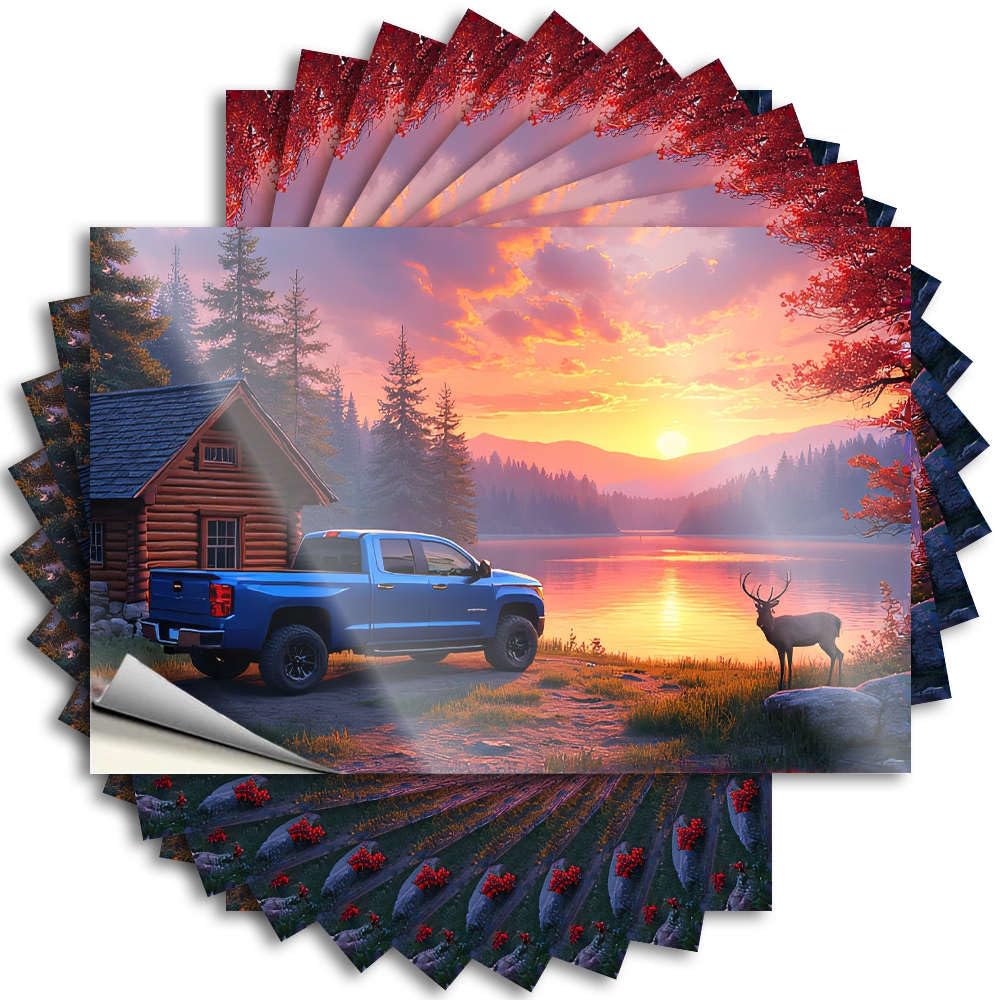 Summer Girls Lettering Sticker - A Serene Lakeside Cabin with A Blue Truck and A Deer At Sunset. Wall Waterproof Vinyl Sticker(8X12CM)