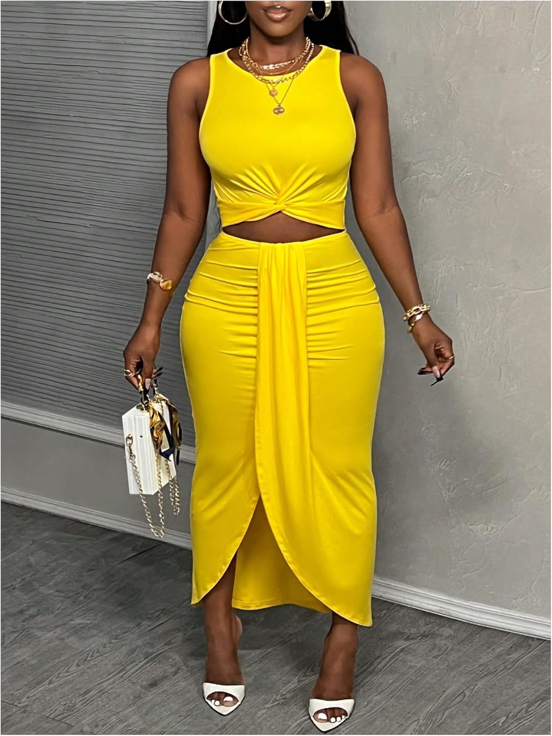 SweatyRocks Women's Twist Cut Out Dress Sleeveless Ruched Crew Neck Bodycon Maxi Dresses - Image 4