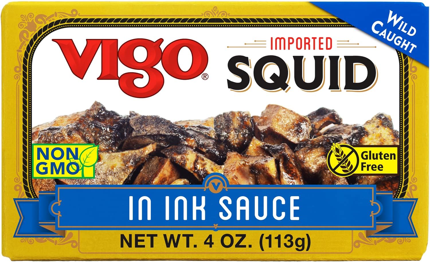 Vigo Premium Imported Canned Seafood, Squid in Ink Sauce, Specialty Flavored, Perfect for Recipes and Dishes (Squid in Ink Sauce, 4 Ounce (Pack of 1))