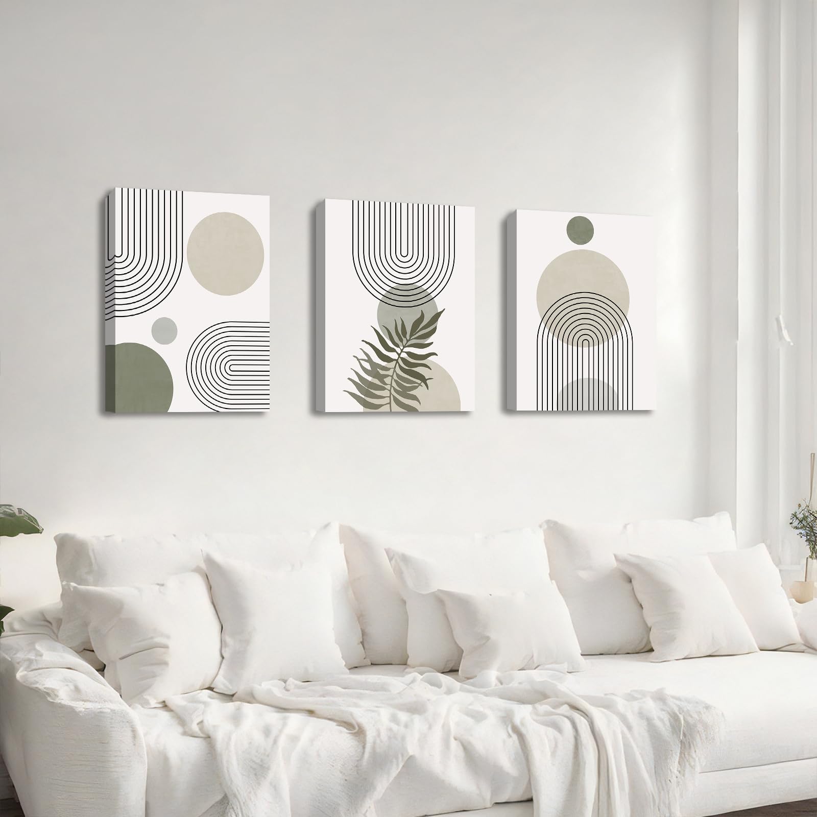 3 Pcs Wooden Framed Canvas Wall Art Set Bohemian Sage Green Canvas Prints Poster Geometric Line Beige Green Pictures for Living Room Bedroom Dinning Room Hallway Stairs Wall Decor 30x40cm x3pcs — view 434