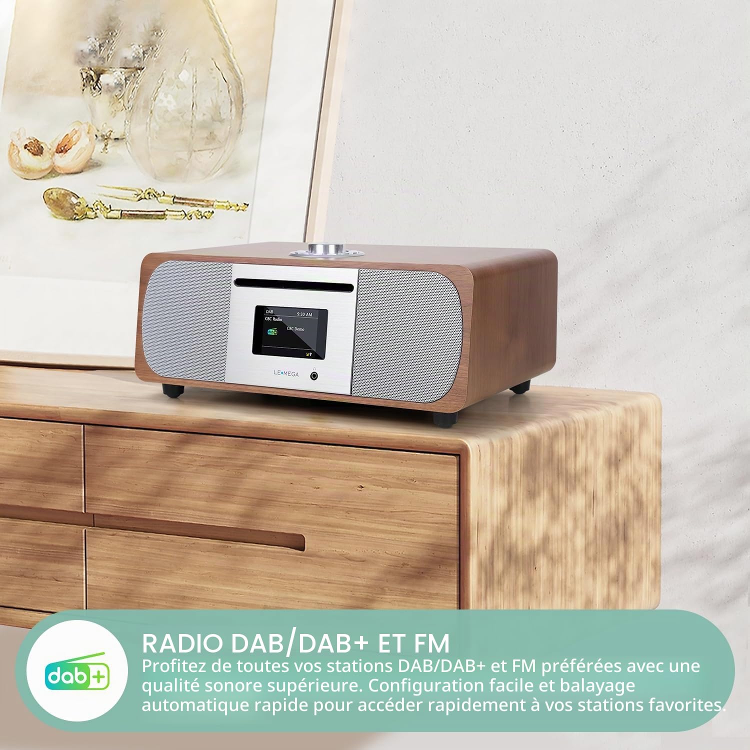LEMEGA M5P Radio Dab avec Lecteur CD,Radio Internet WiFi,Radio Numérique Dab+ FM,Bluetooth, Spotify,Système Musical Hi-FI Stéréo 35W,Lecteur USB,Double Alarme,Horloge avec Télécommande(Noyer Foncé)