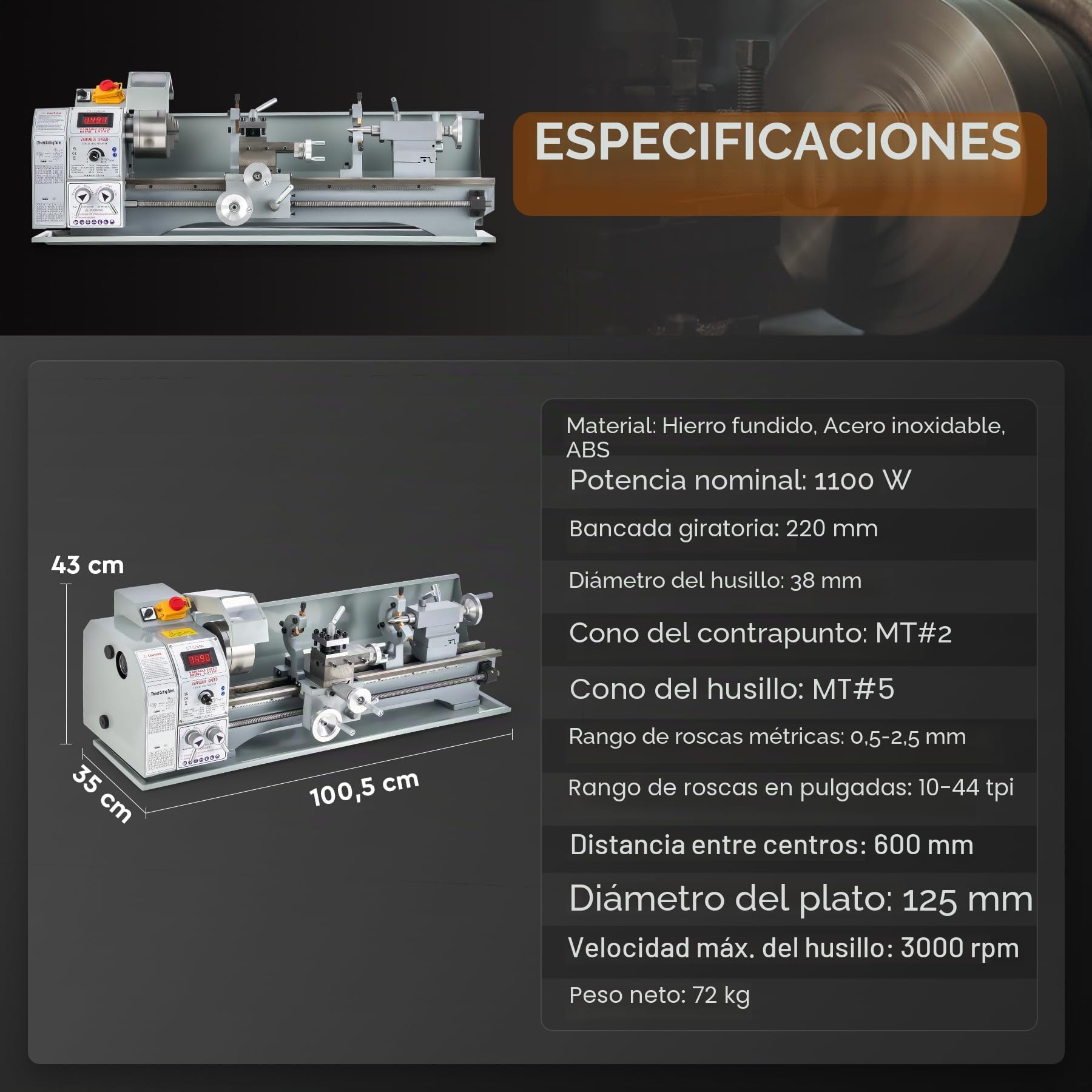 CREWORKS 1100W Mini Torno de Metal de Bancada 220x600mm 9"x24" de Alta Precisión con Portabrocas de 3 Mordazas y Velocidad de Husillo Máx. 3000 RPM Pantalla LCD para Roscado, Torneado, Taladrado