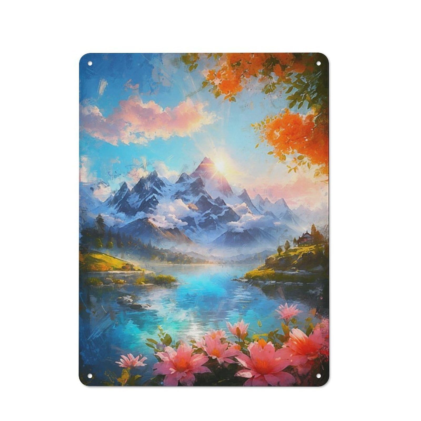 Junmoney The Lake At Sunset Metal Wall Sign 40X30cm, Rustic Decor For Home Bar Wall, Gift Idea At Christmas For Hosts Who Enjoy Retro Interiors