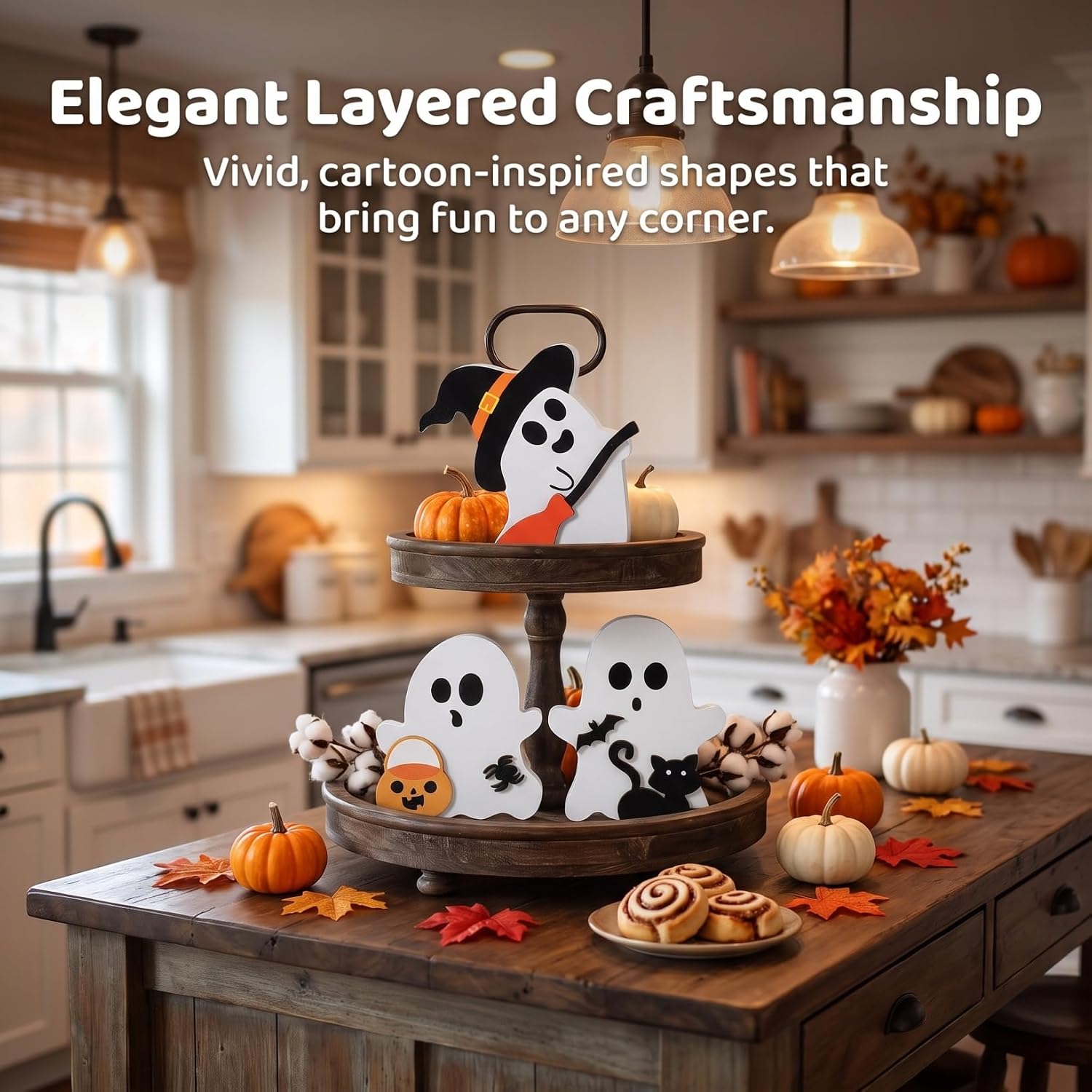 SHINEOFI 3Pcs Wooden Ghost Halloween Tiered Tray Decor, Desk Party Display