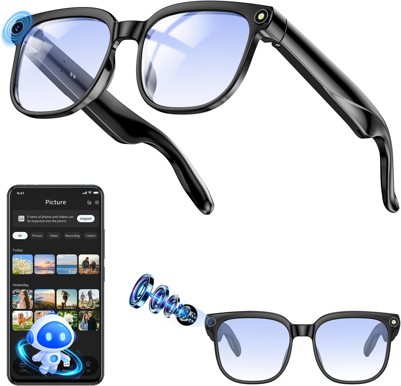 AI Smart Glasses, 8MP Anti Shake AI glasses, 300mAH/BT Call Camera Glasses, AI Smart Glasse with Video Recording/Music Playback/Audio Recording/Online Translation/GPT Object Recognition(Blue Light)