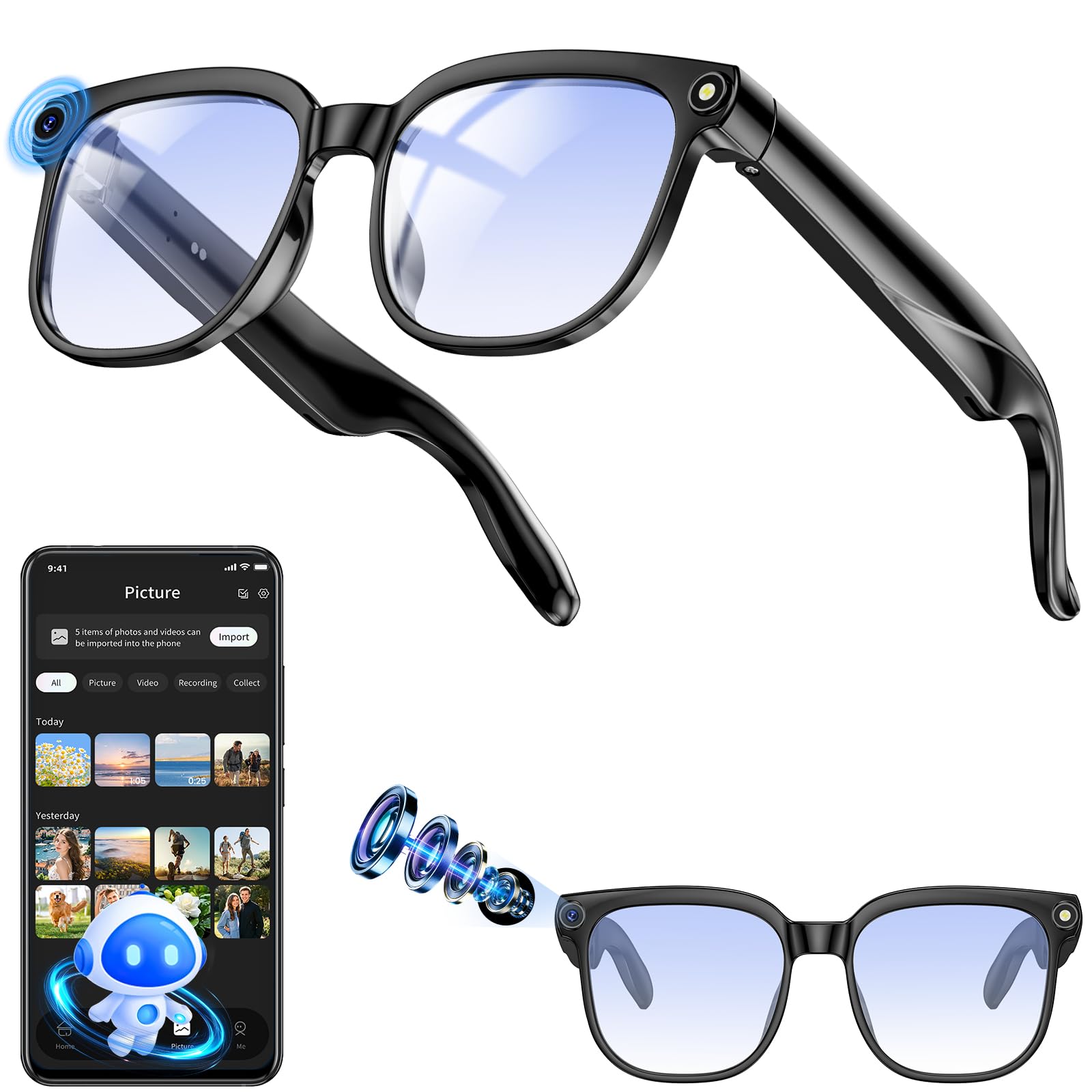 Occhiali Smart con Fotocamera 8MP,Smart Glasses AI,Occhiali Intelligenti con Fotografia/Registrazione/Chiamate Intelligenti/Musicale/Traduzione/Riconoscimento Immagini, Blu